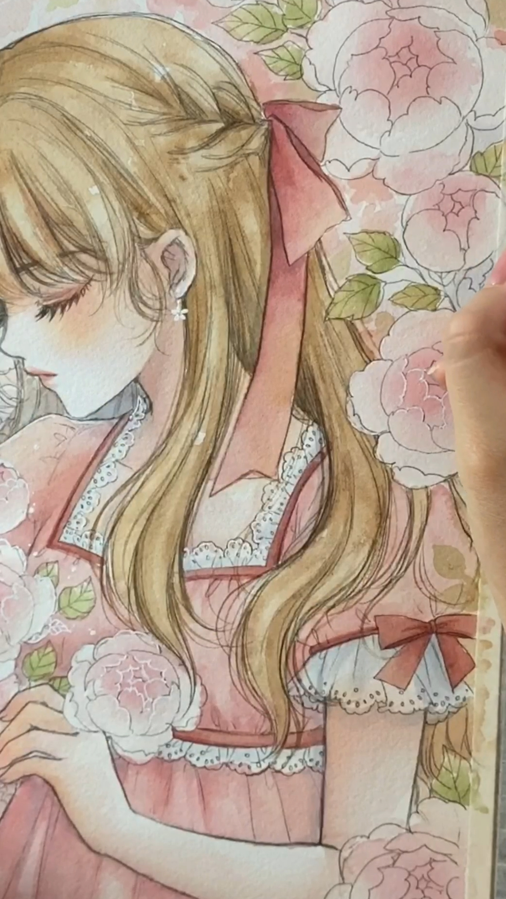 来看牡丹女孩儿水粉上色