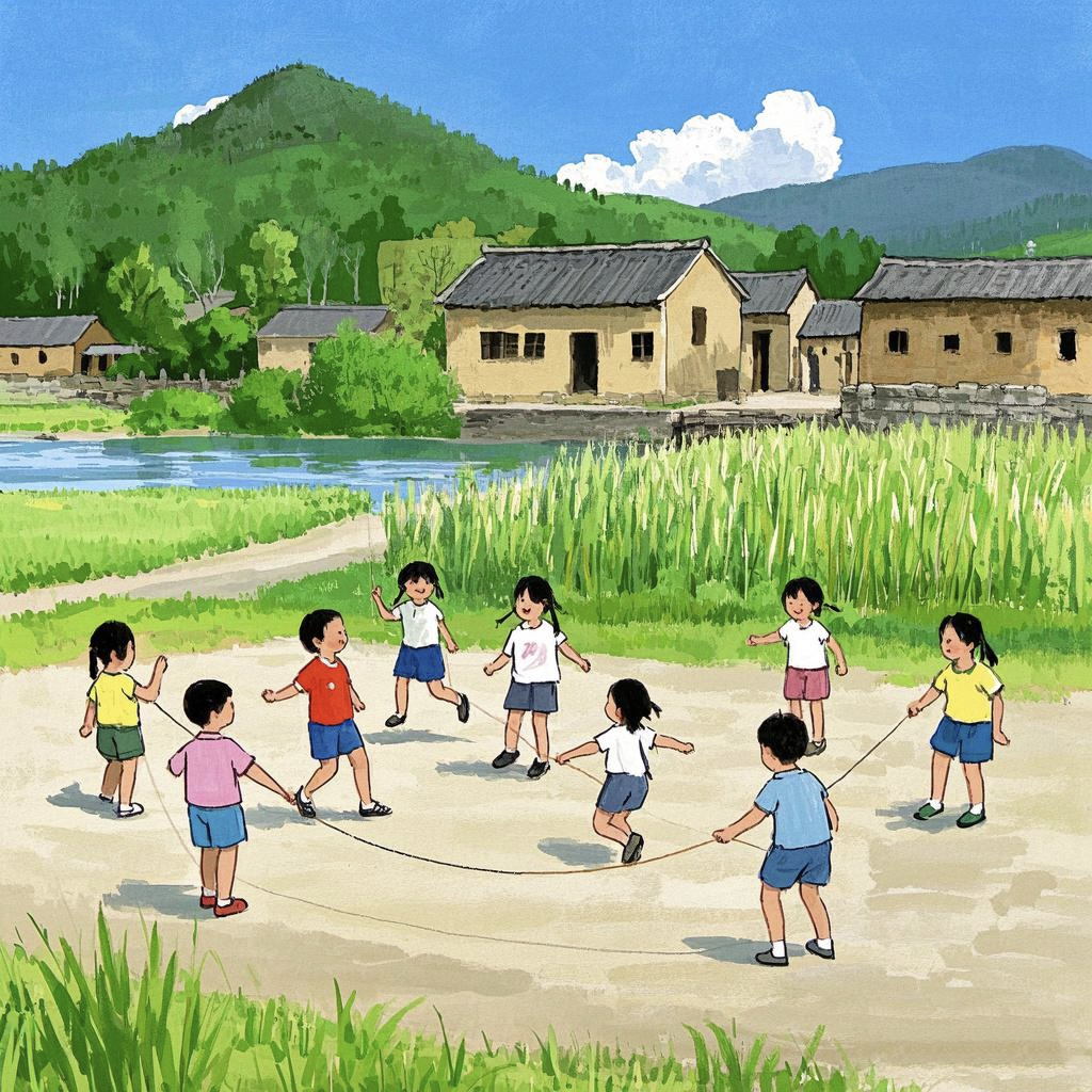 乡村盛景韵悠长,土瓦泥房沐日光. 门外儿童欢跳索,溪边绿草映清塘