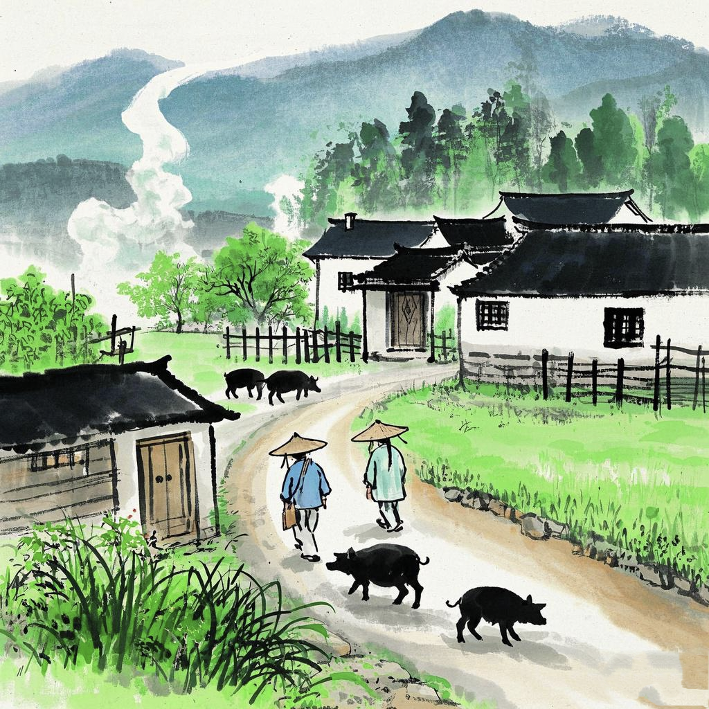 炊烟袅袅的小村庄 青山绿水绕村流,日暮牛羊小径悠