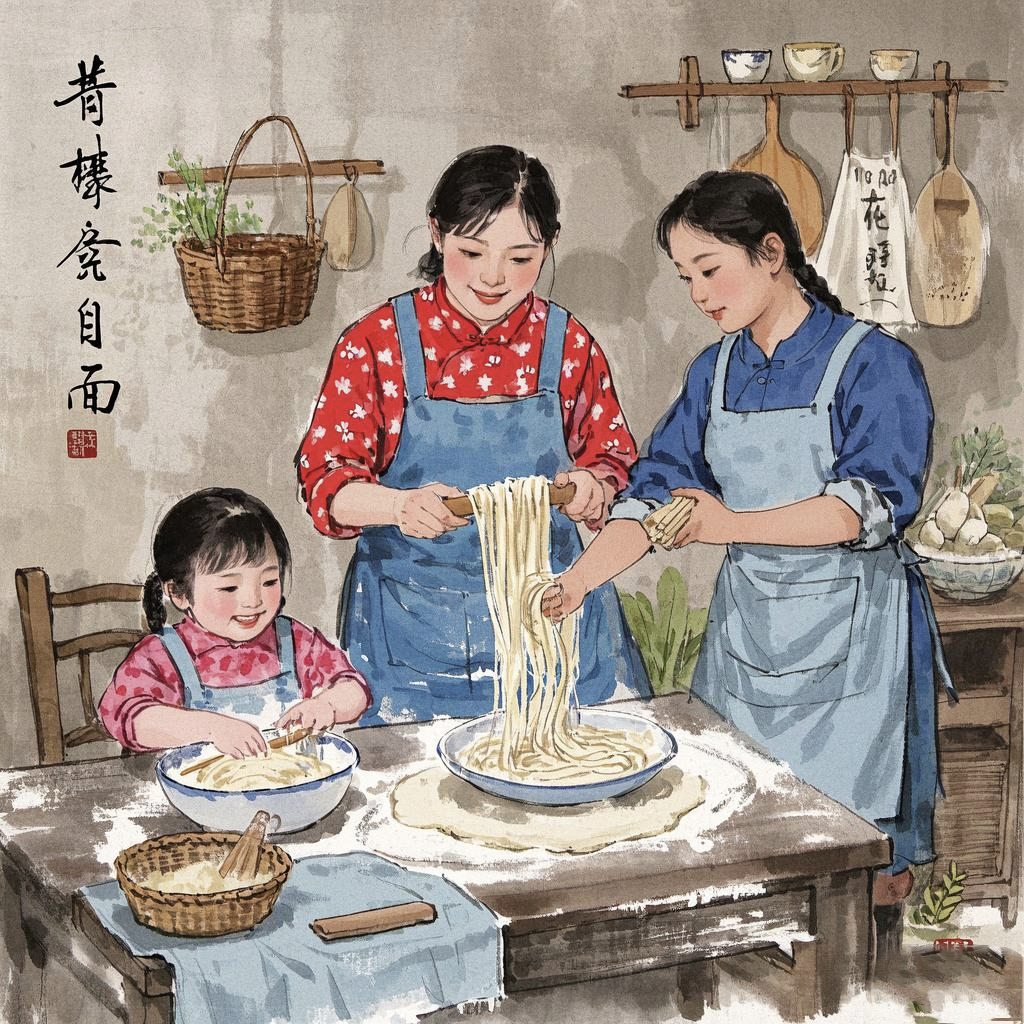 白面揉来千缕爱,银刀裁就万般香. 锅中沸煮乡情厚,碗里盛来母爱彰