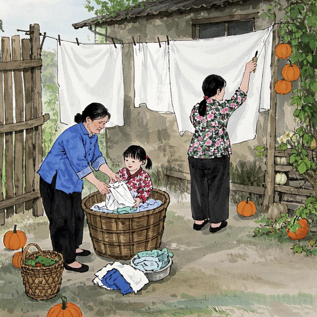 《旧时光-洗衣服》 庭院深深日影长,妇孺劳作洗衣裳