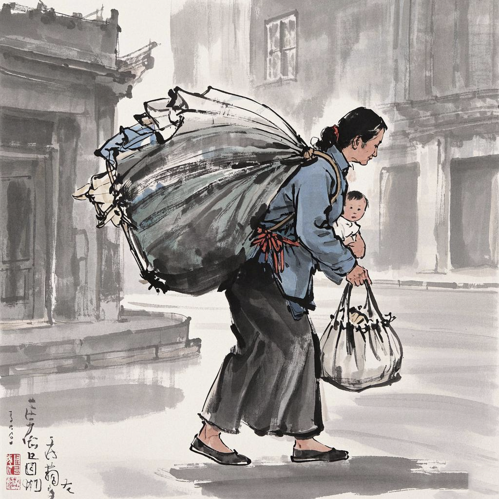 肩扛岁月步维艰,背负家愁岂敢闲. 稚子怀中寻暖意,行囊手里度辛关