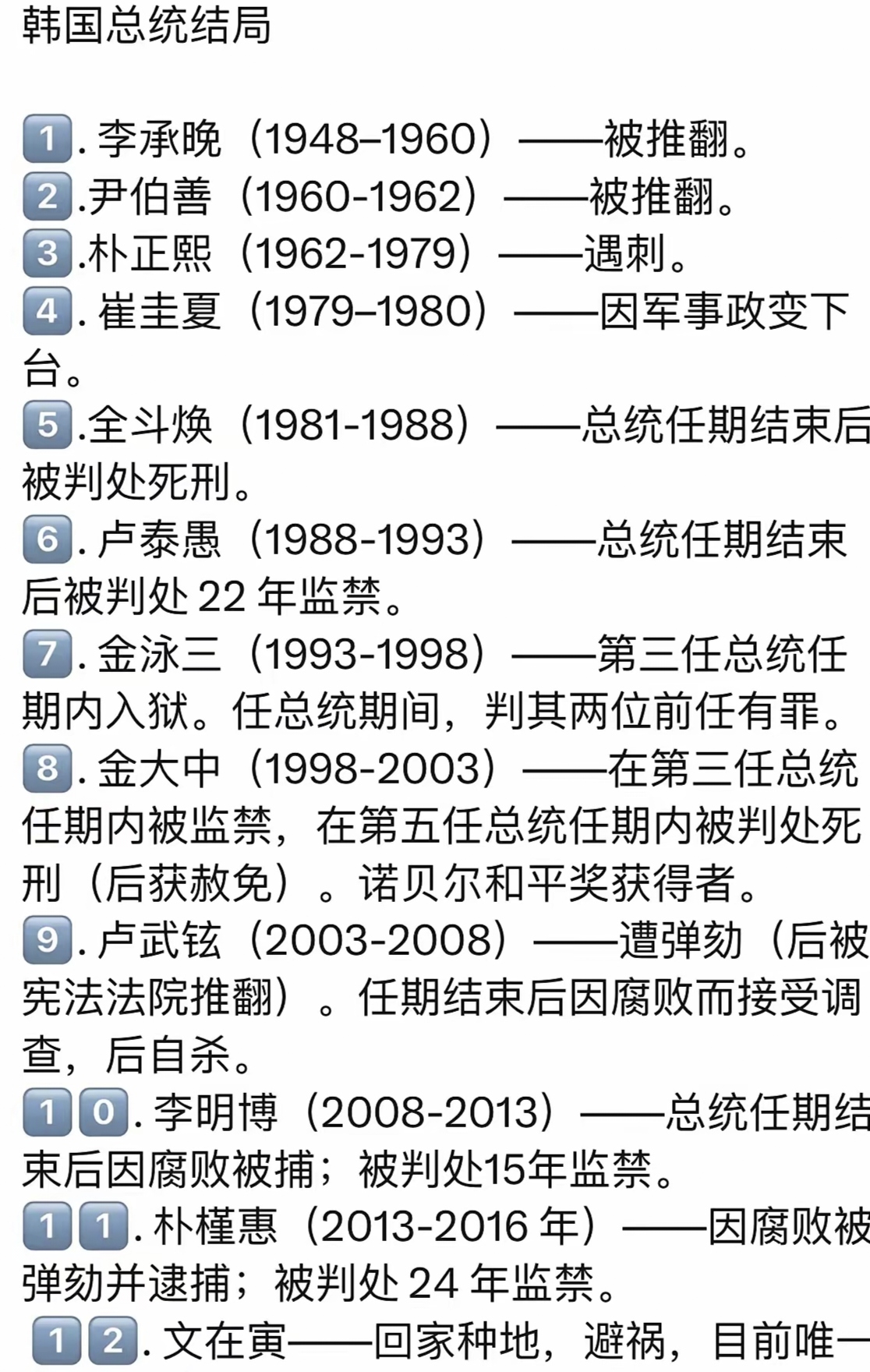 韩国只有两种总统一种是正在坐牢的一种是即将坐牢的