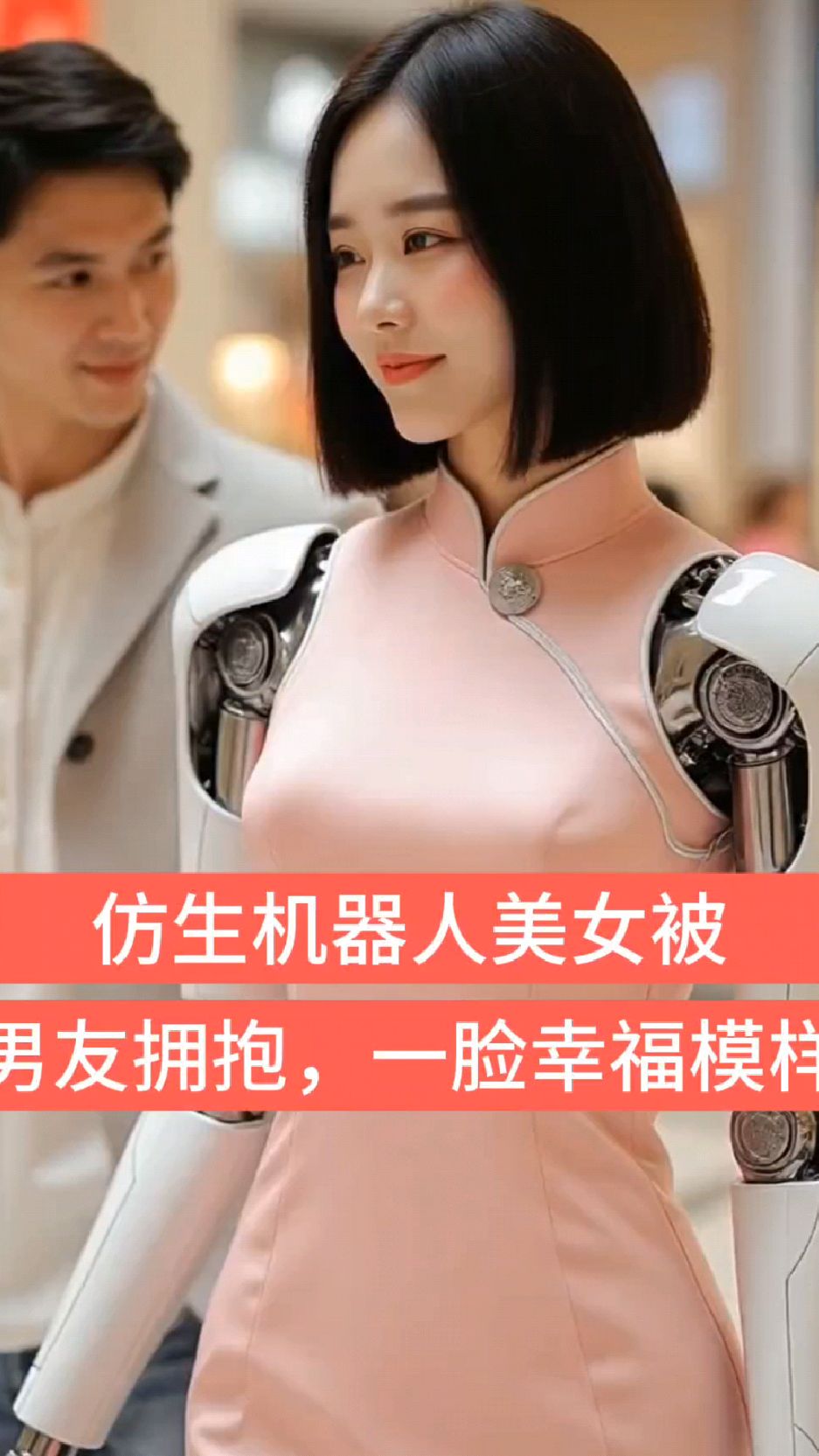 仿生机器人美女被男友拥抱,一脸幸福模样