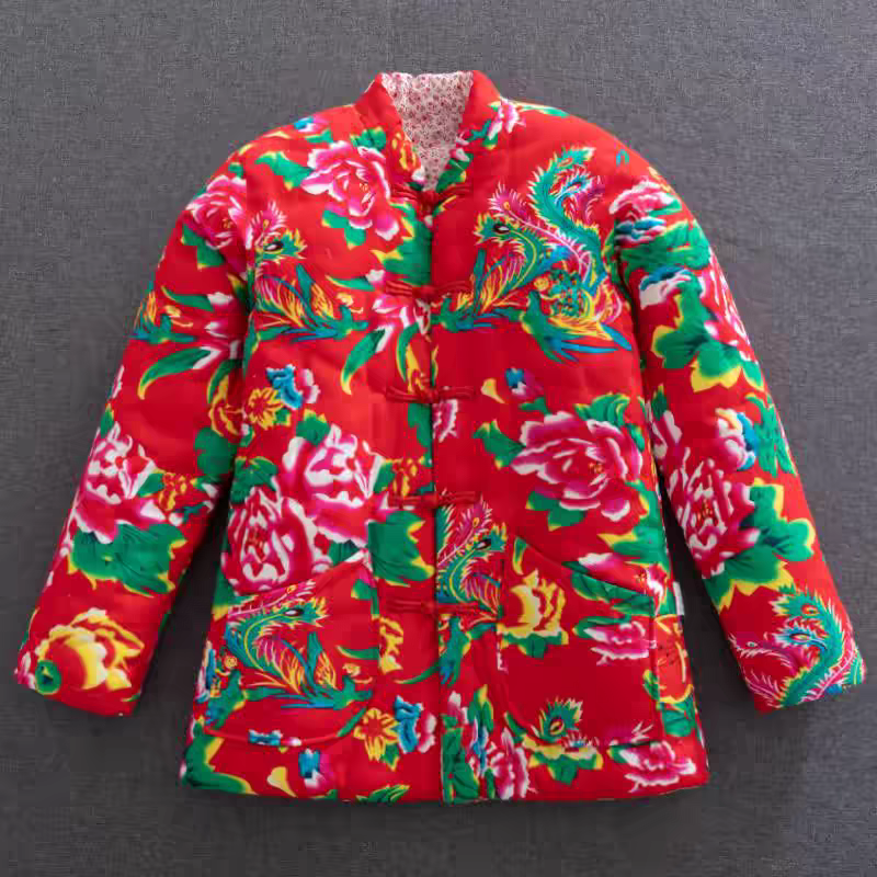 70年代花棉袄农村大妈袄子图案东北大花袄上的凤凰东北大袄子花纹图片