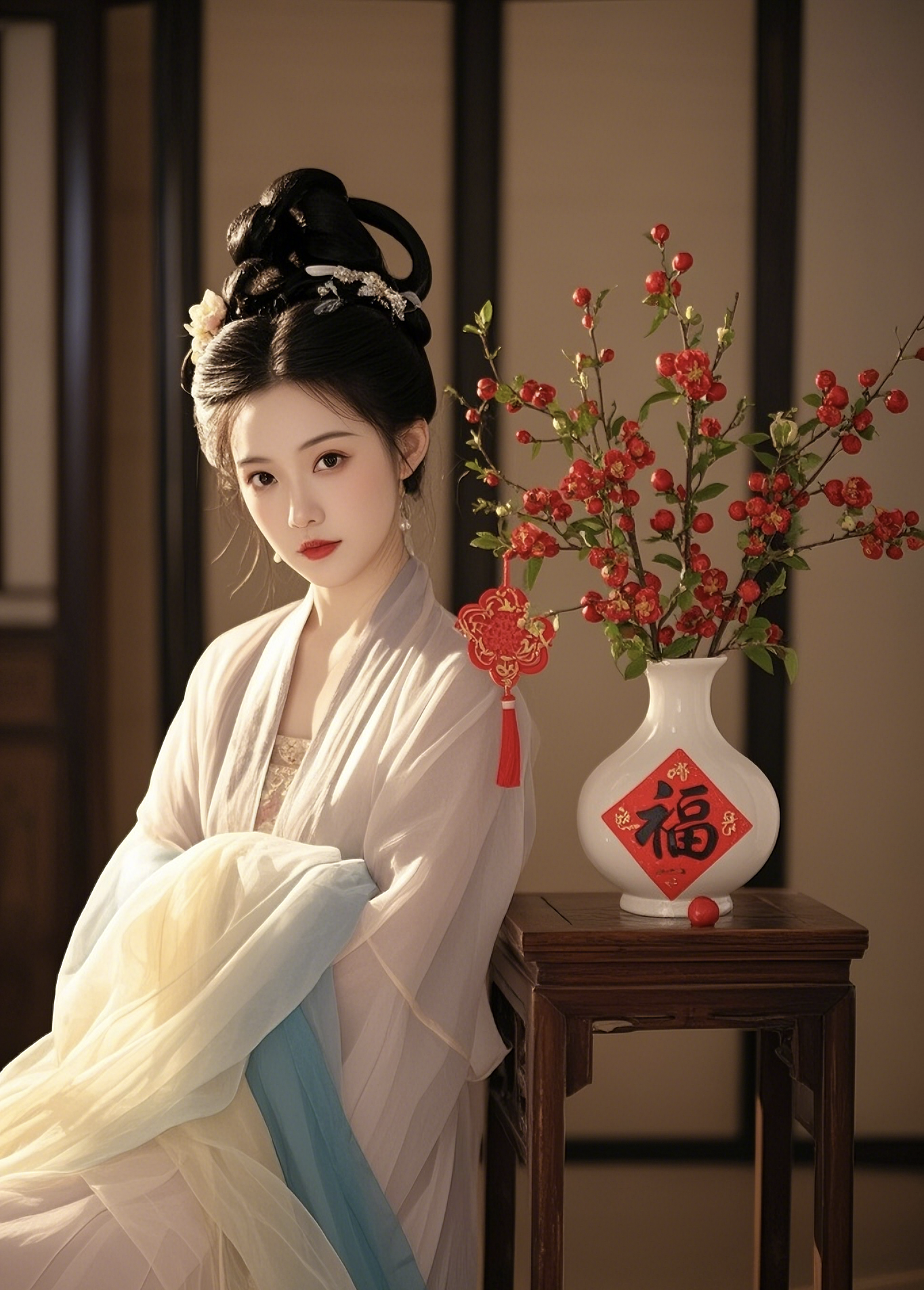 红梅绽放,寒枝点赤,于霜雪间燃一抹绮霞,似是春信遥寄,悄启岁华新章