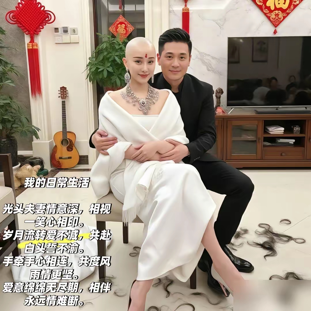 光头夫妻的温馨日常生活 光头美女戴着耳环,脖子戴着珠宝首饰,额头