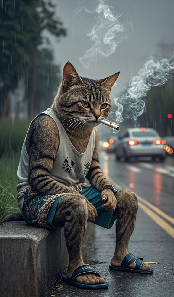 烟雾缭绕中,猫爸的眼神透露出一丝沧桑,它深吸一口,仿佛所有的烦恼都