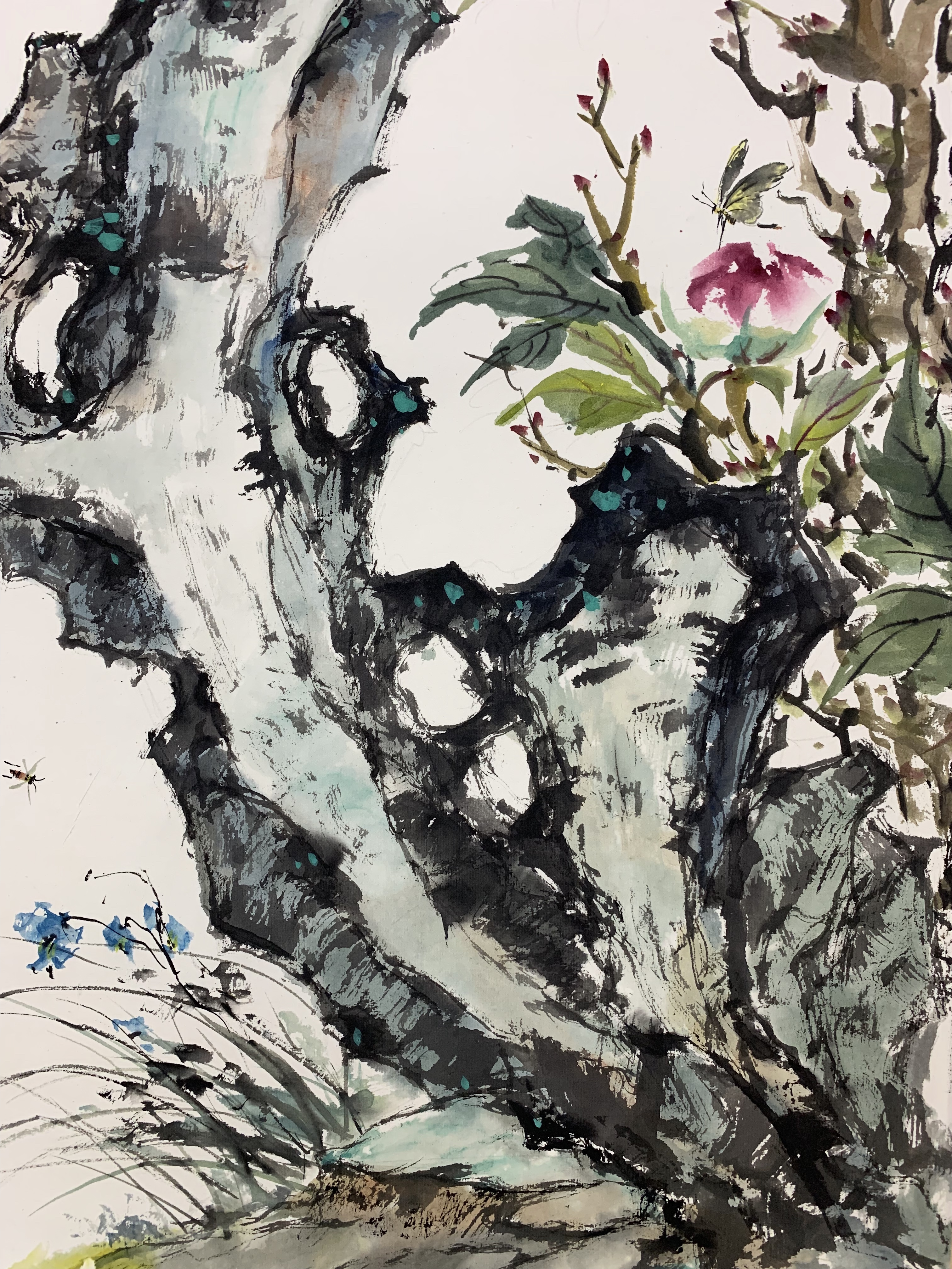 《满庭芳》蝴蝶牡丹与太湖石组合国画