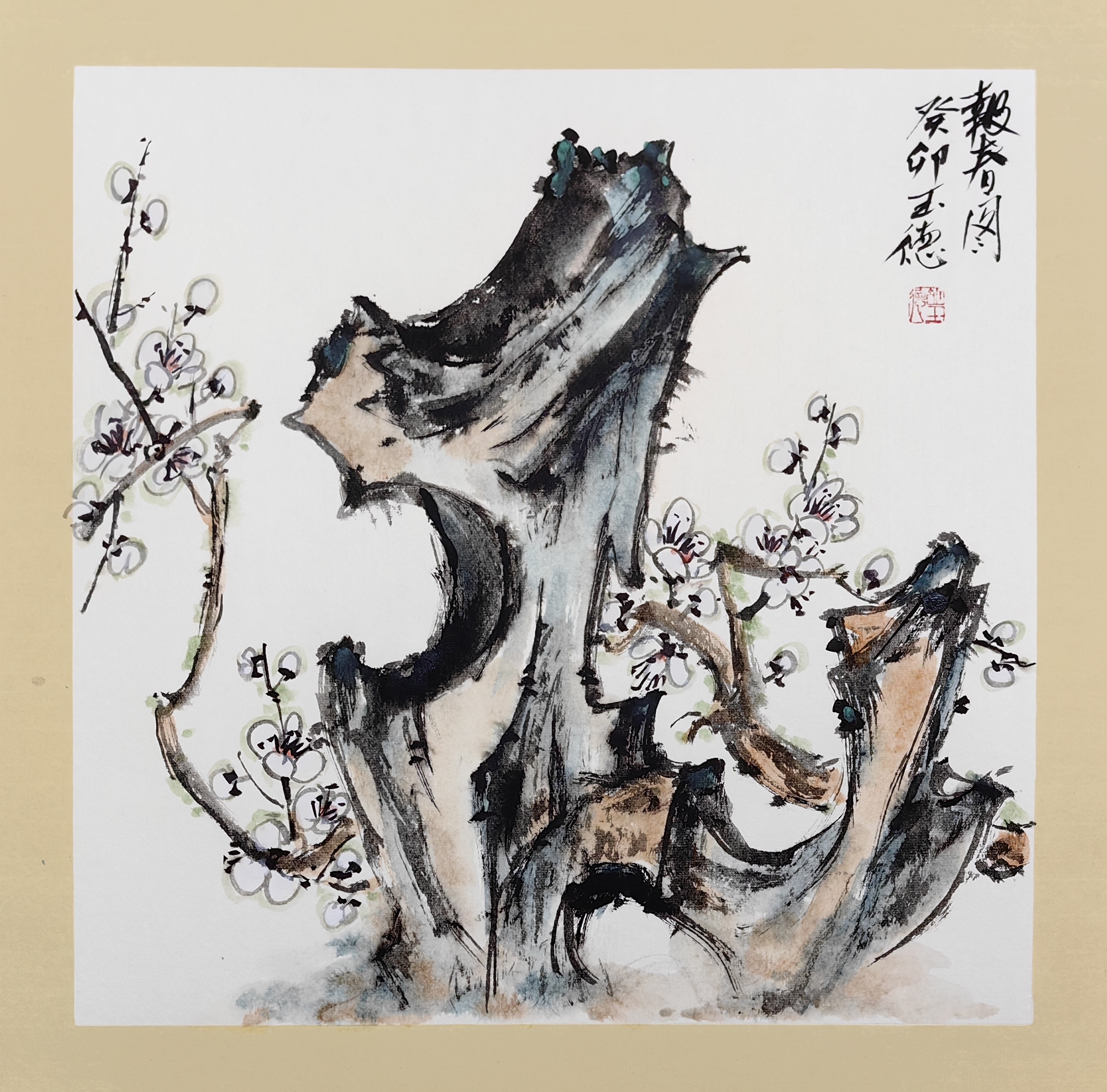 国画,石头与梅花的结合,寓意着坚韧与高洁的结合,表达了画家对高尚