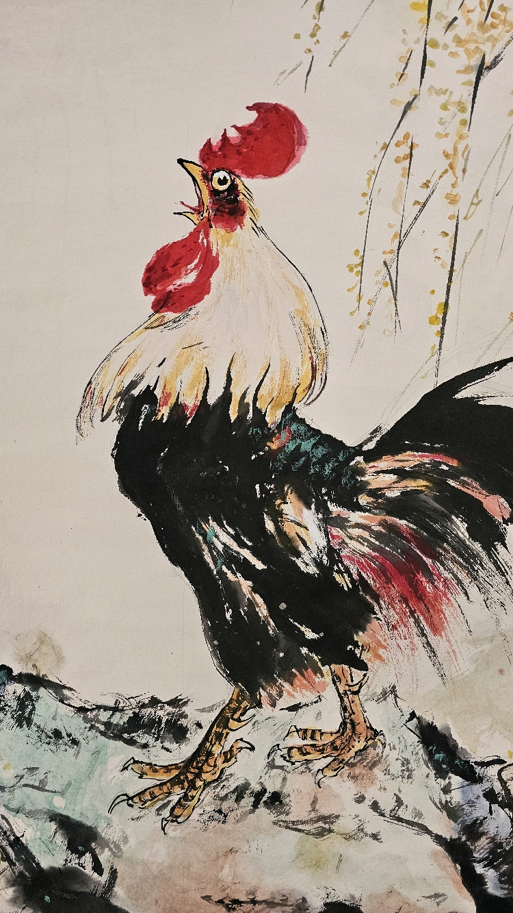 《闻鸡起舞》国画大公鸡与迎春花组合寓意立志报即时奋起