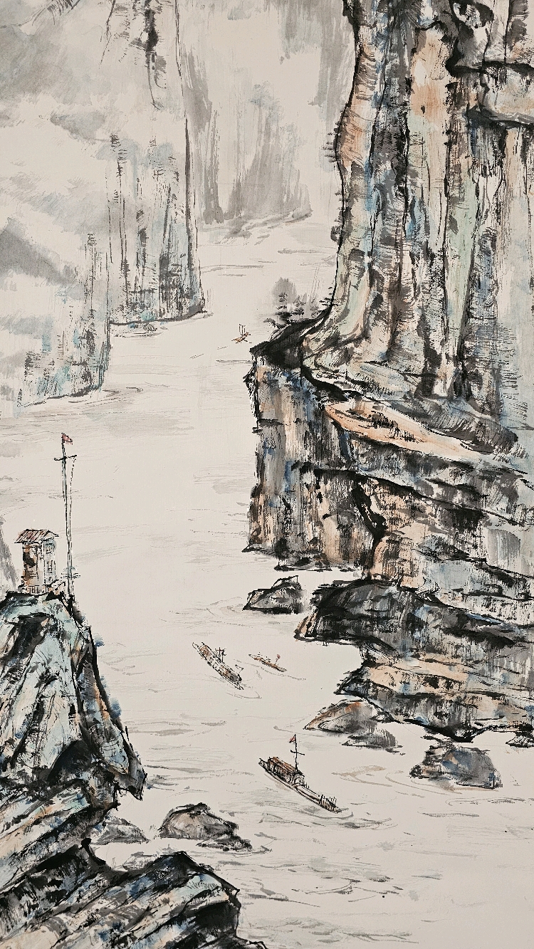 《三峡风光》国画.十二巫山见九峰,船头彩翠满秋空