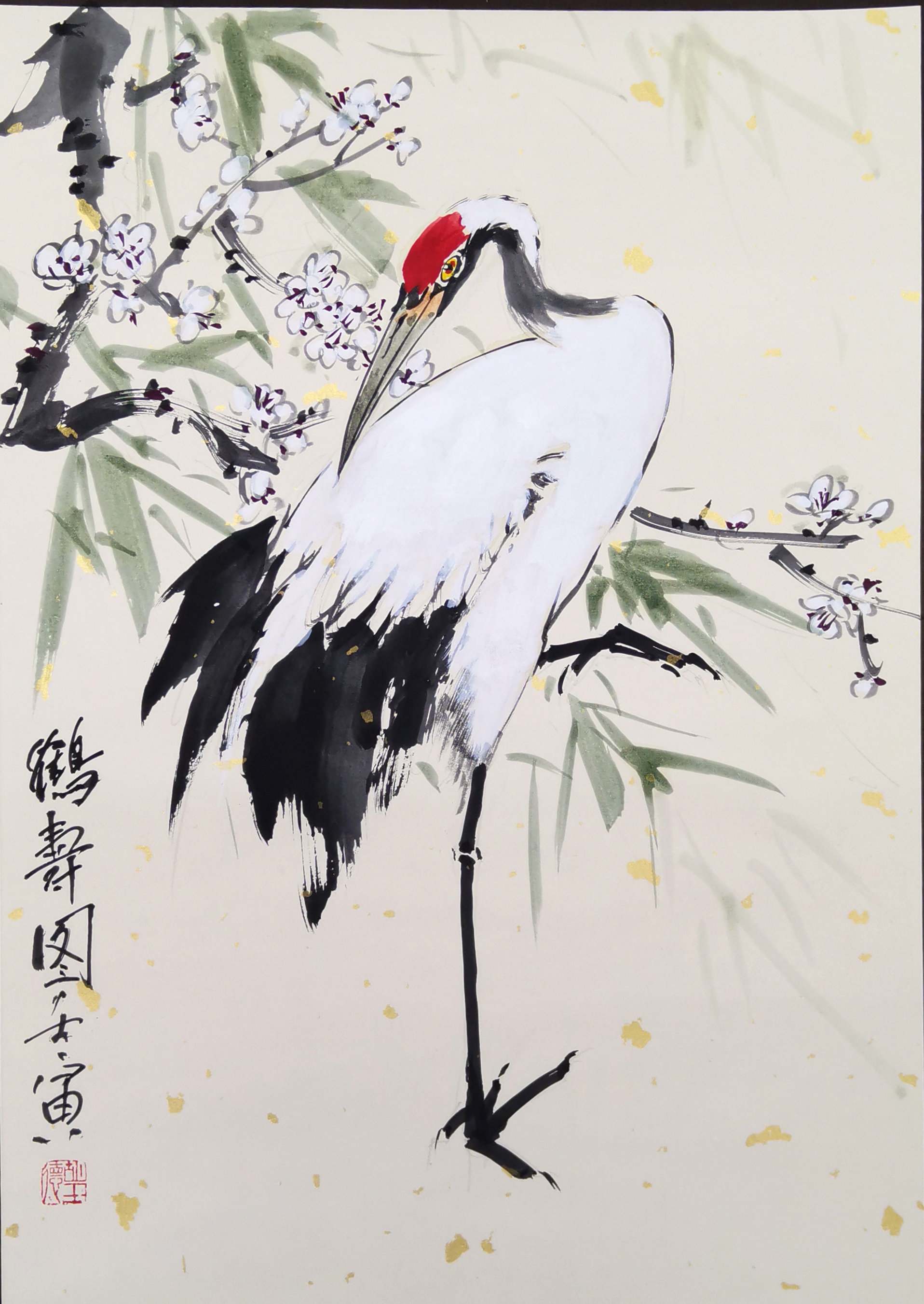 《鹤寿图》丹顶鹤与白梅花组合国画