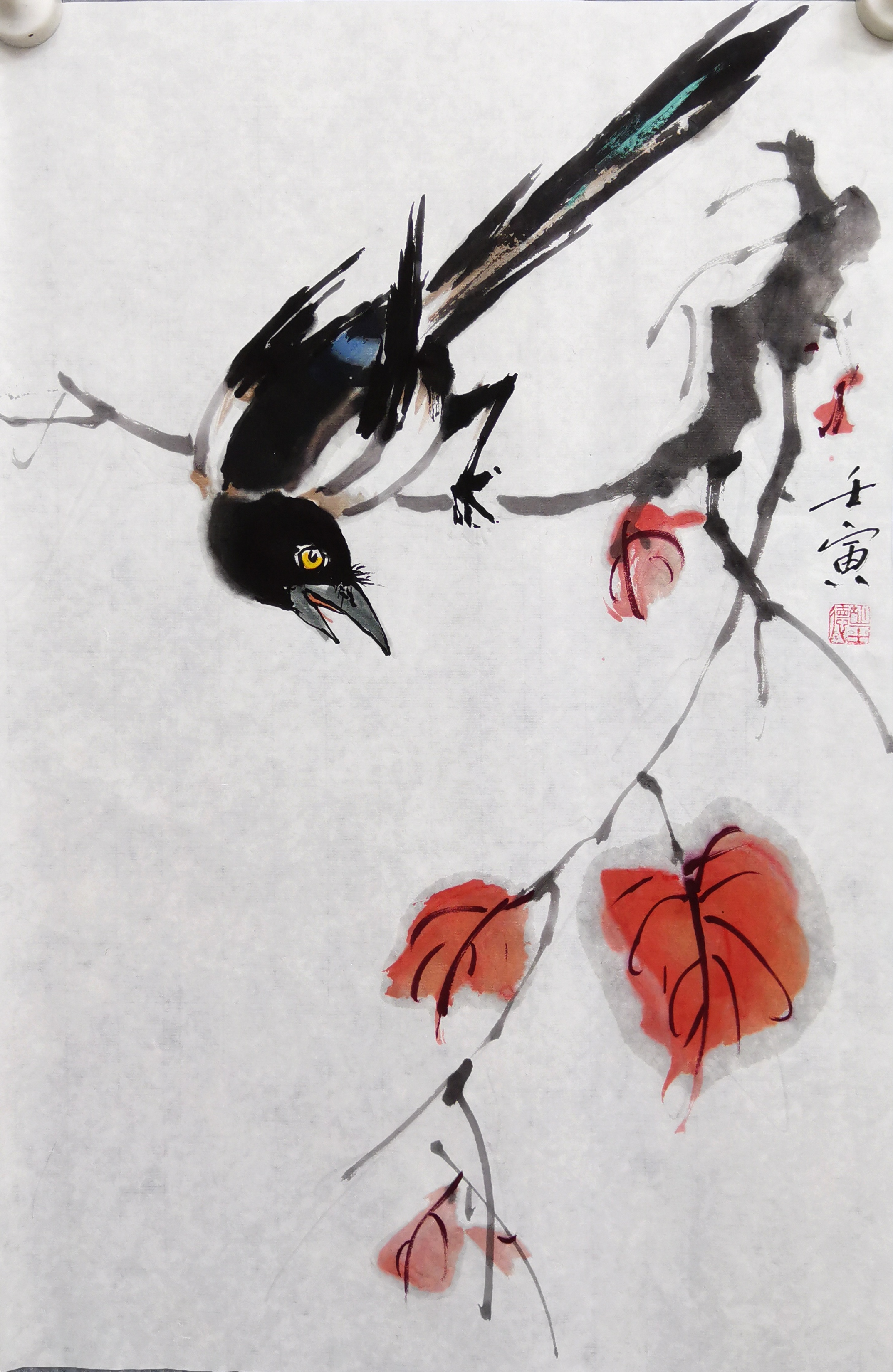 《喜上眉梢》学习徐悲鸿喜鹊国画染色步骤