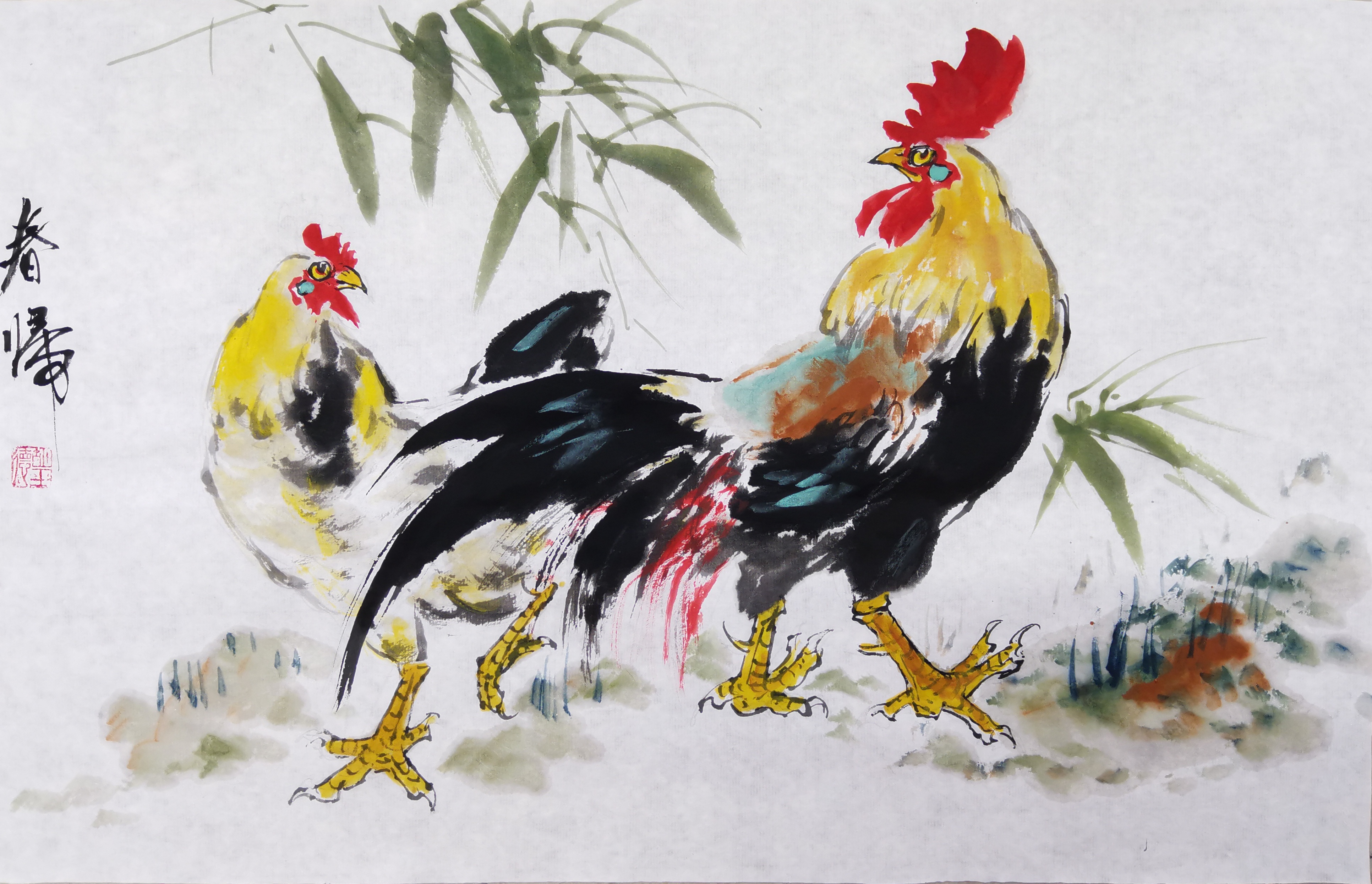 《春归》大公鸡与母鸡组合国画