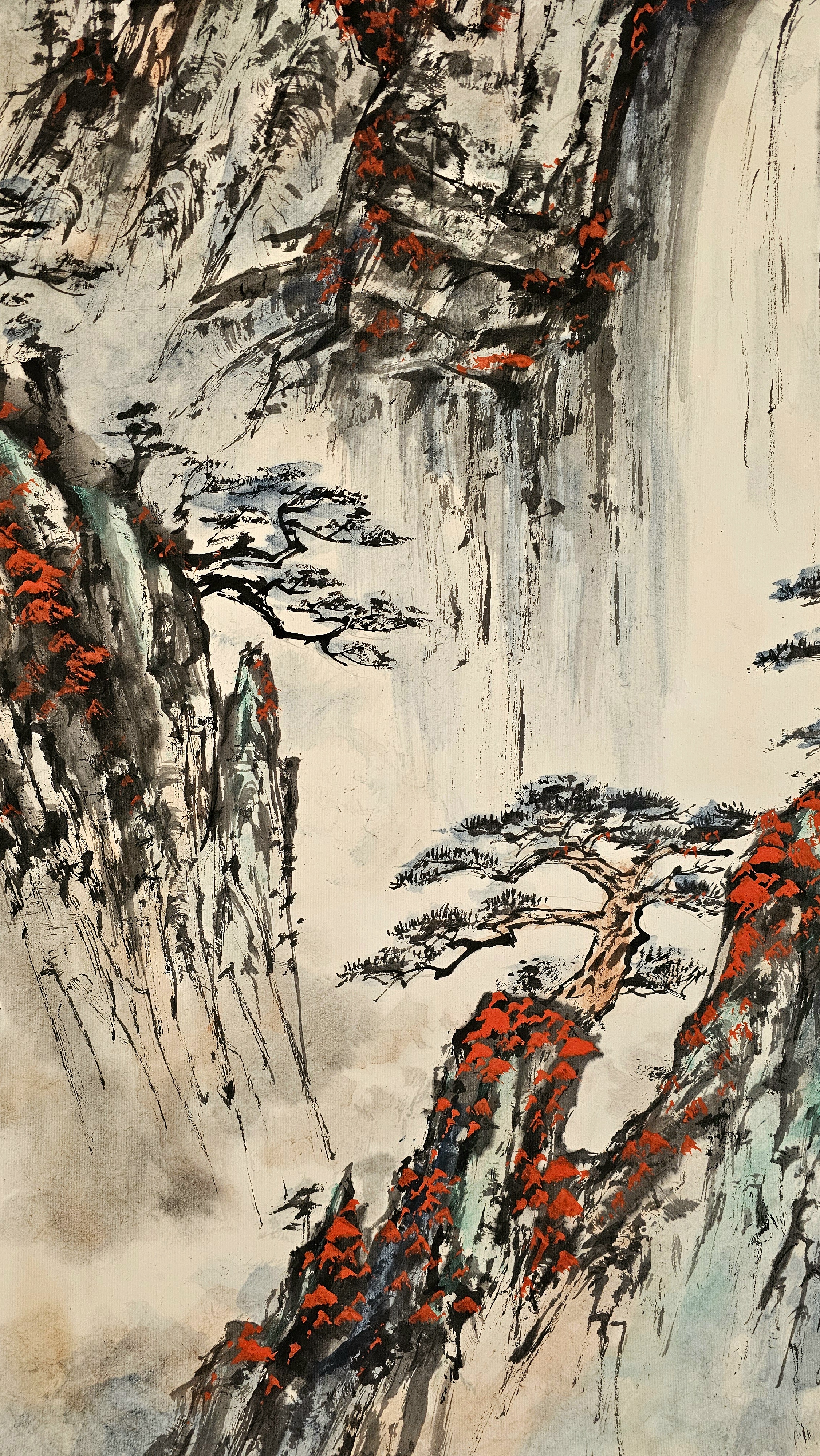 《岩泉》国画山水朱砂点厾山顶表现秋景