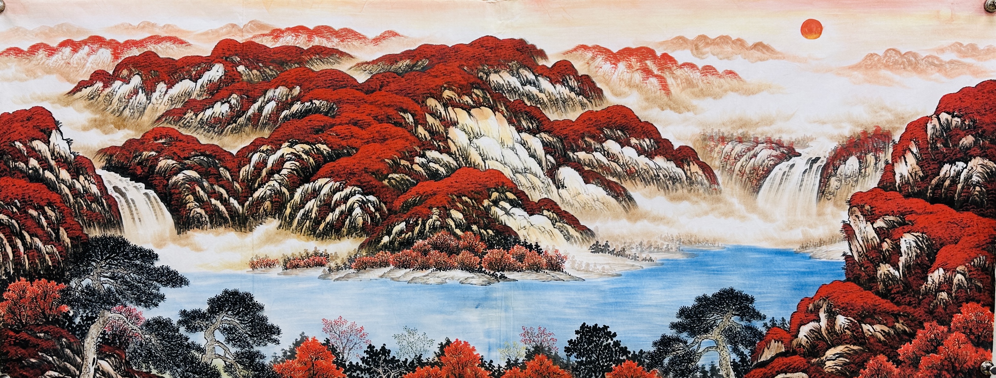 分享一幅经典的聚宝盆构图(鸿运当头)尺寸是180*69厘米,挂在办公司是