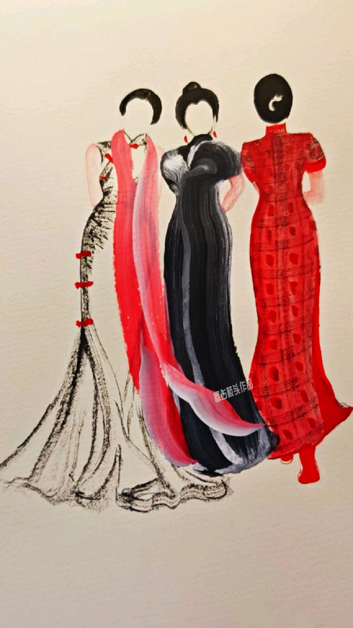 开叉的毛笔画旗袍裙