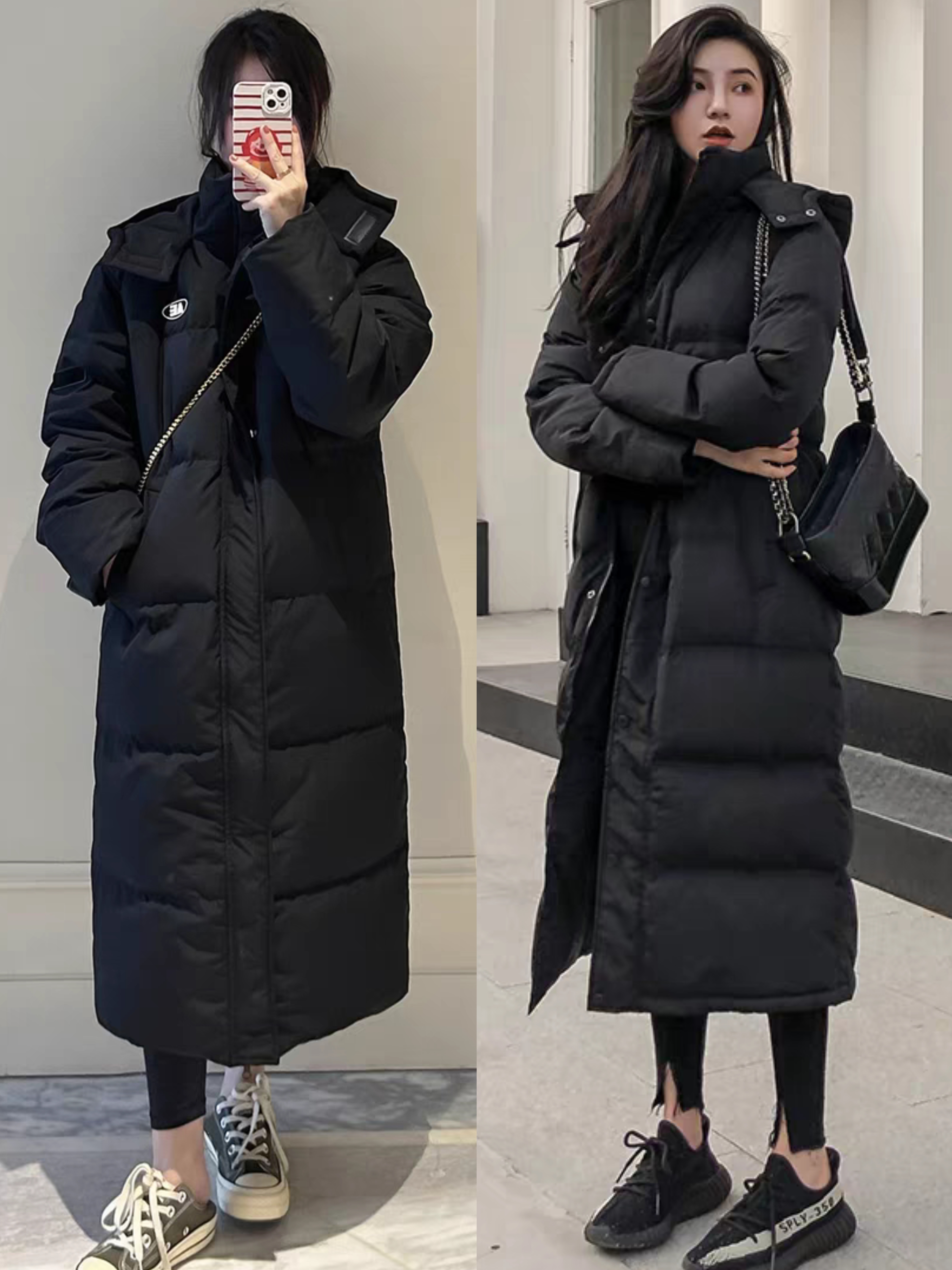 女生冬季黑色长款羽绒服外套时髦保暖搭配及技巧如下:内搭可选羊毛