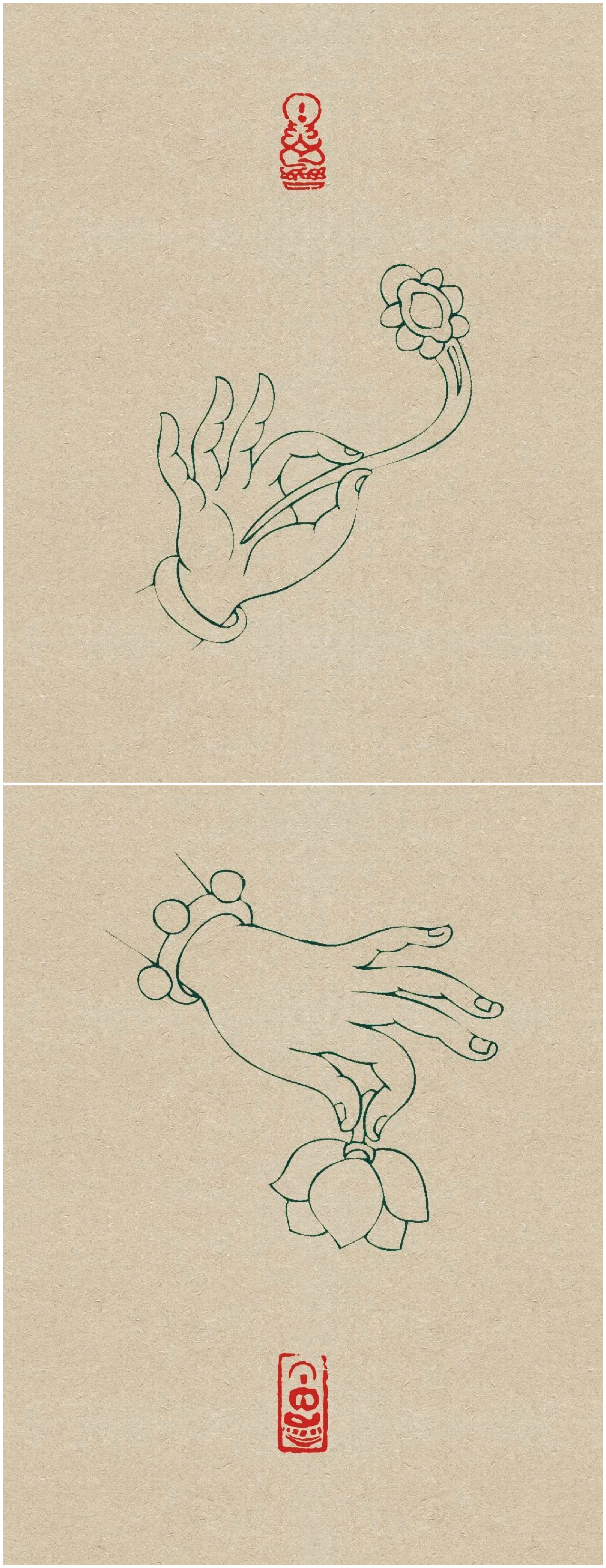 分享一组白描佛手插画作品,作品用线条贯穿好每一个元素,每一只手都