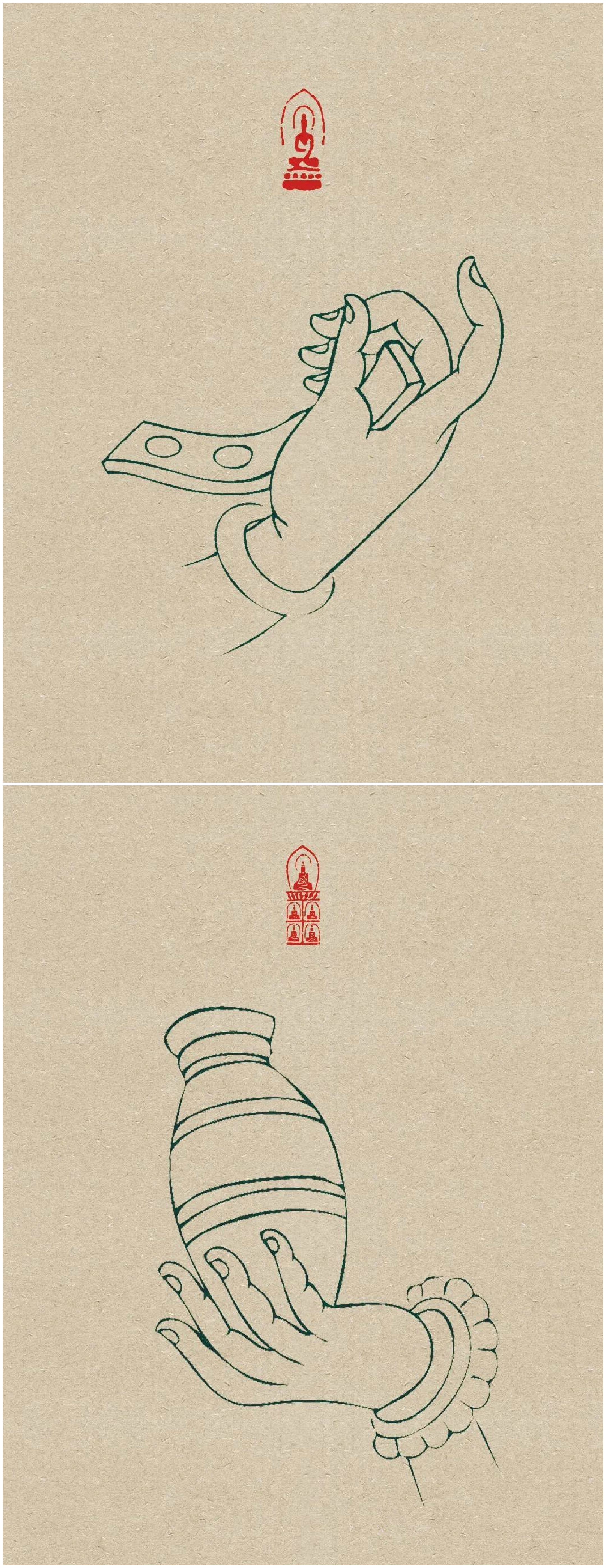 分享一组白描佛手插画作品,作品用线条贯穿好每一个元素,每一只手都