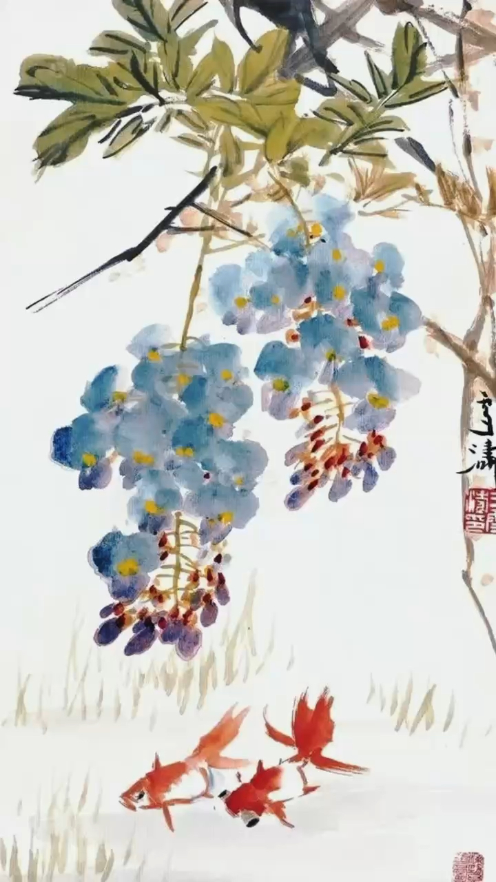 王雪涛先生国画小写意紫藤花作品分享.@画家陈静儿