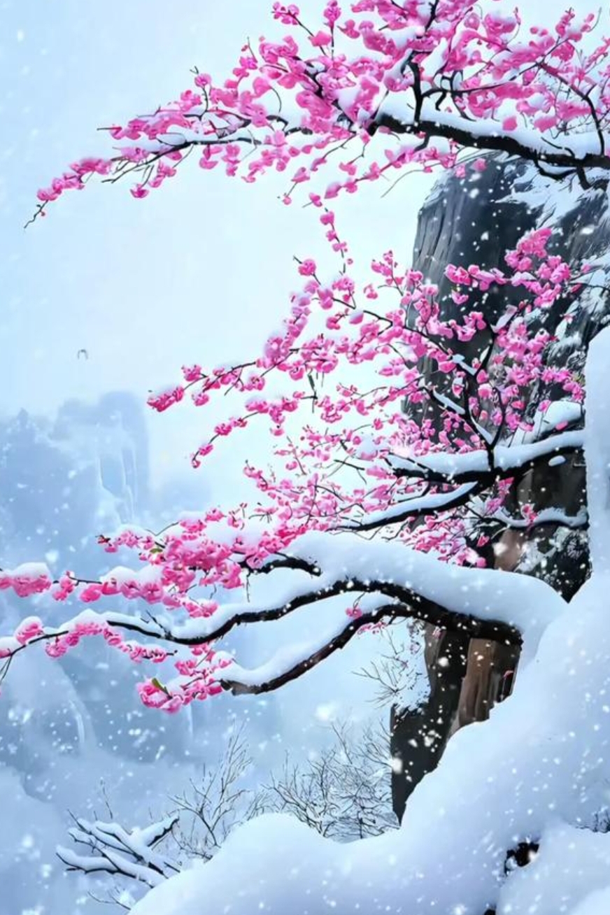 分享美图: 在寒冷的冬日,梅花挺立在冰雪覆盖的枝头依然绽放,坚韧不拔