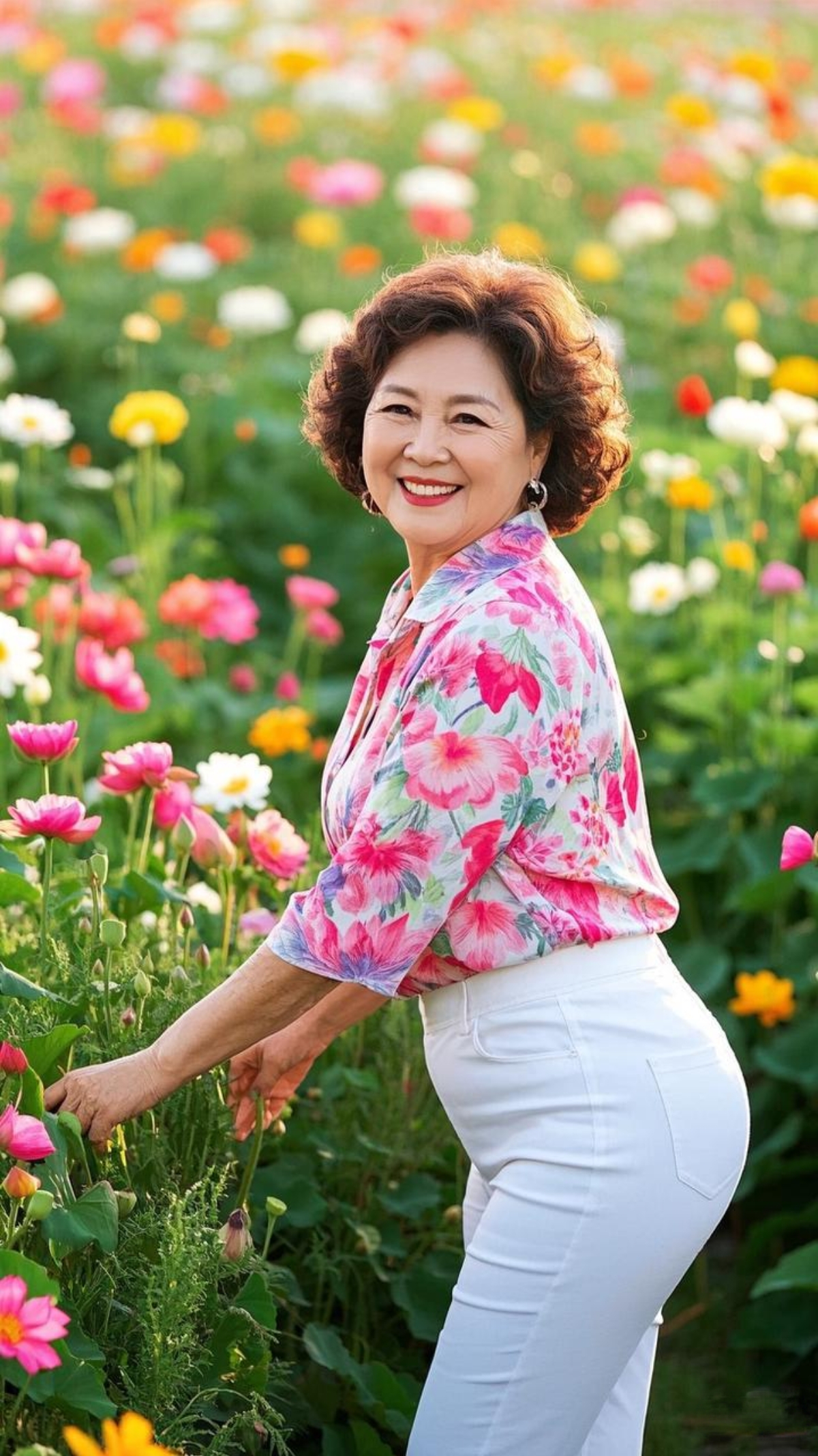 阿姨穿着的确凉荷花色衬衣搭配白色裤子,漫步在春暖花开的花海,心情