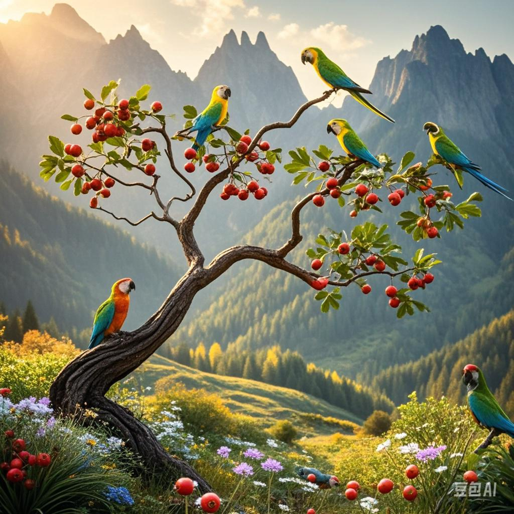 山上的山楂树,鹦鹉象长树似的成群结队不舍得离去