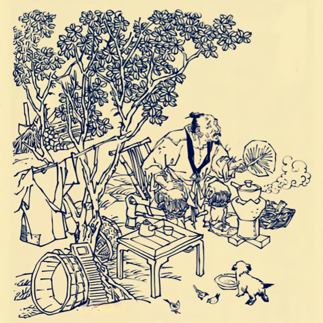 古人用植物测酸碱黑白画民间故事茅屋门口卖药素描画古人沤麻图片古风