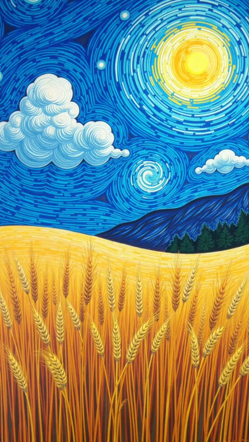 天空飘动着梵高式涡旋云彩,天空梵高式涡旋云彩,地上动感的麦田