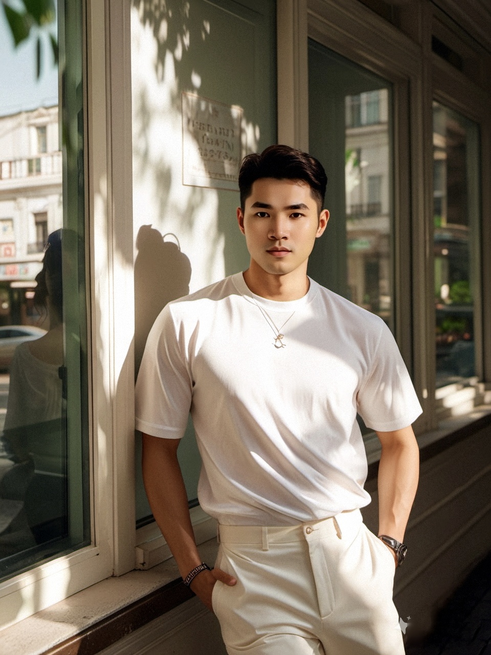 他全身被明亮的光线所笼罩,身材高大健美,仿佛是从电影中走出的人物