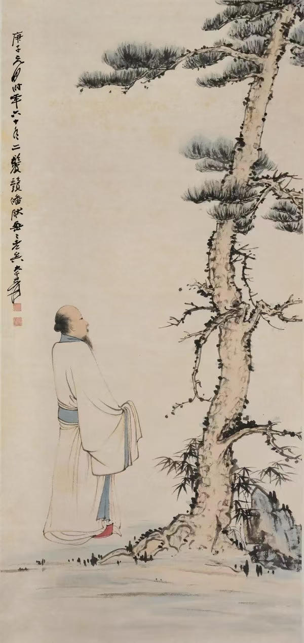 此幅《高士图》,张大千把书法艺术融入到画面用笔之中,结合了山水画的