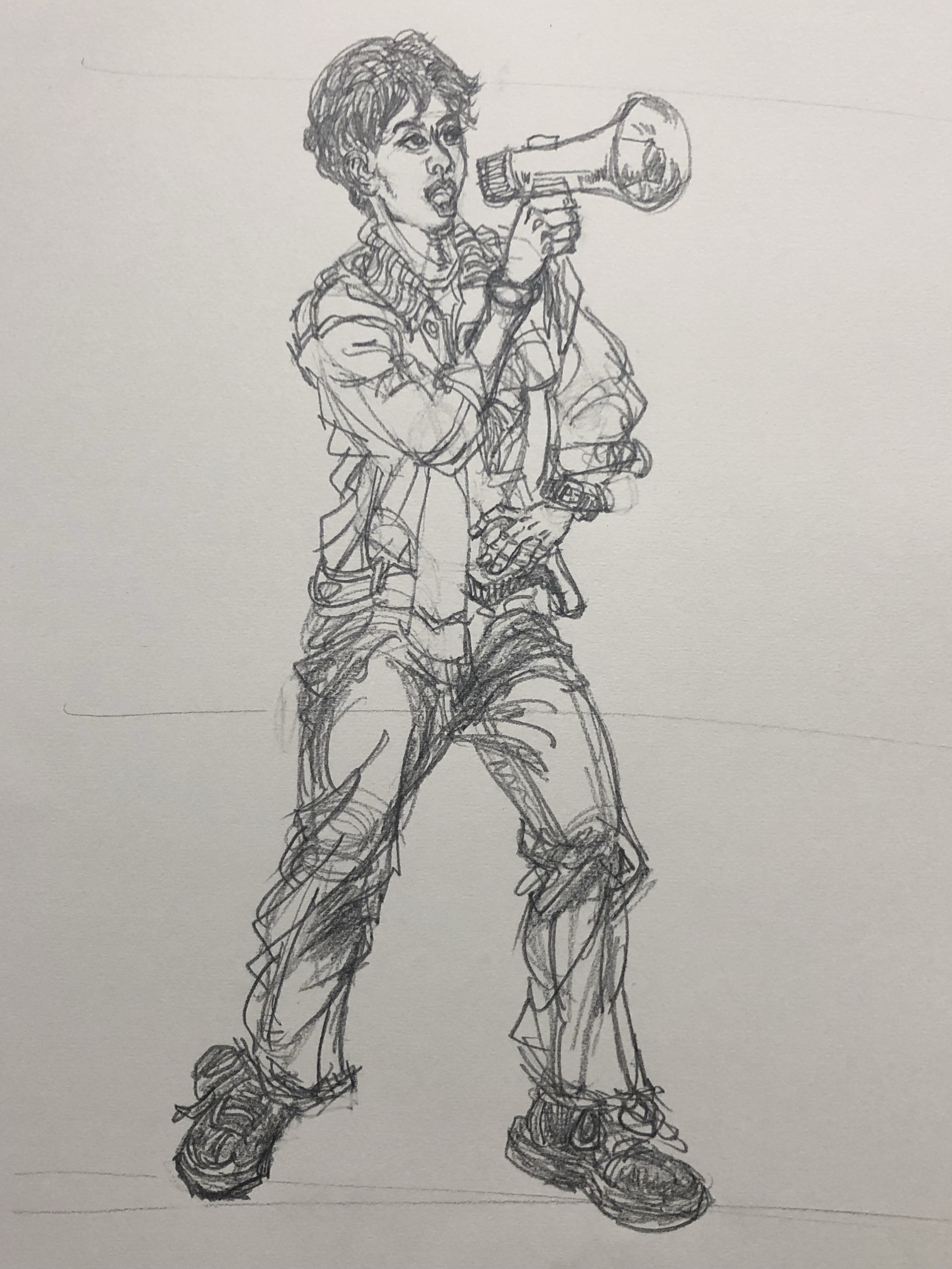 线性速写, 手持喇叭喊话的男孩子.