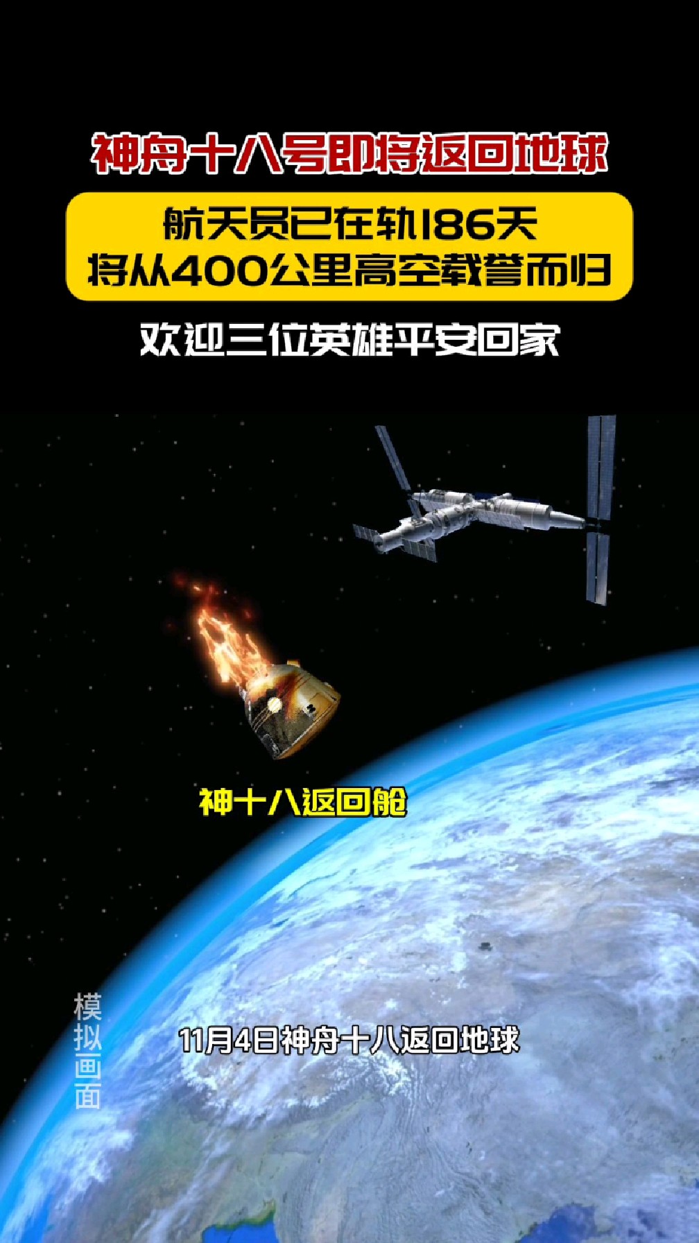 神舟十八号即将返回地球,将从400公里的高空载誉而归
