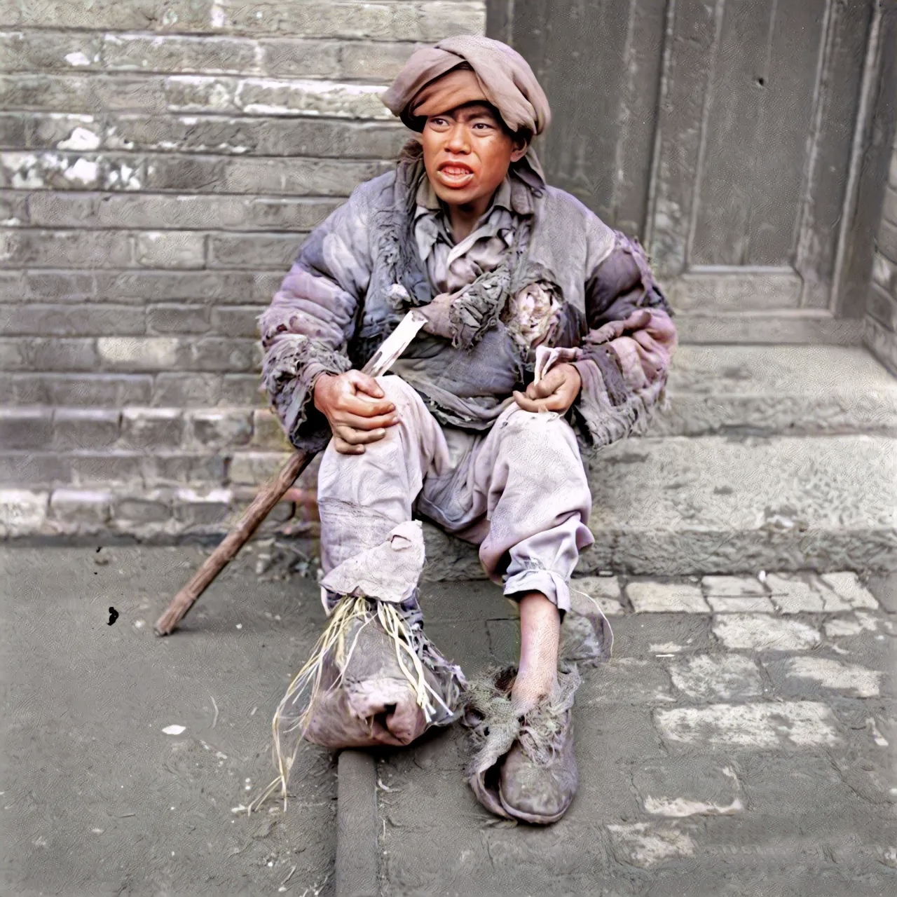 1945年冬天,天气十分寒冷,一名可怜的乞丐正坐在路边.