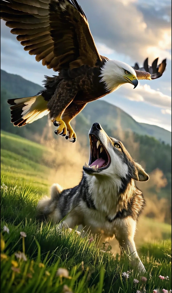 图片分享:凶悍的老鹰与狡黠的恶狼紧张对峙