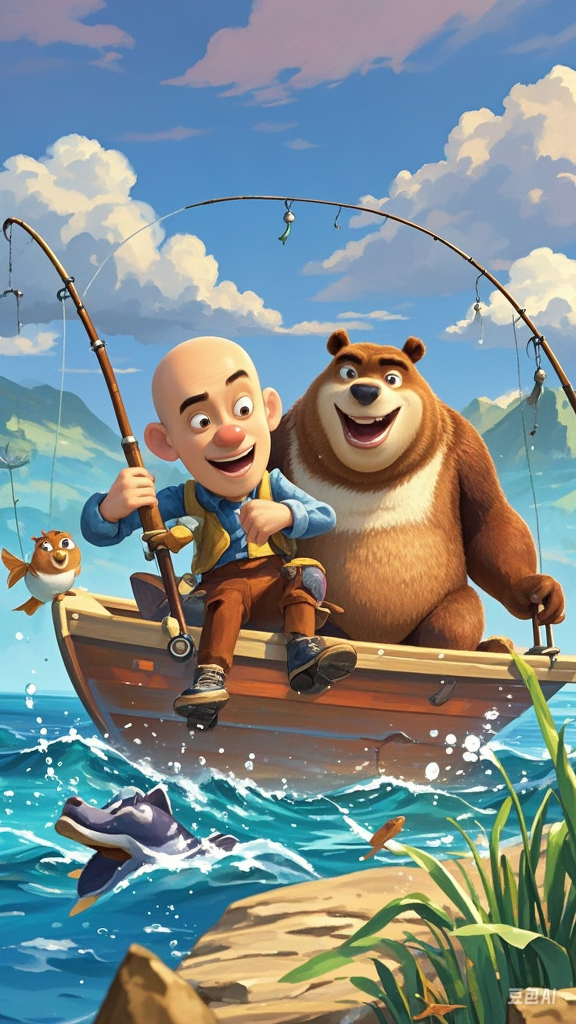 光头强和熊大熊二一起坐船去海上钓鱼