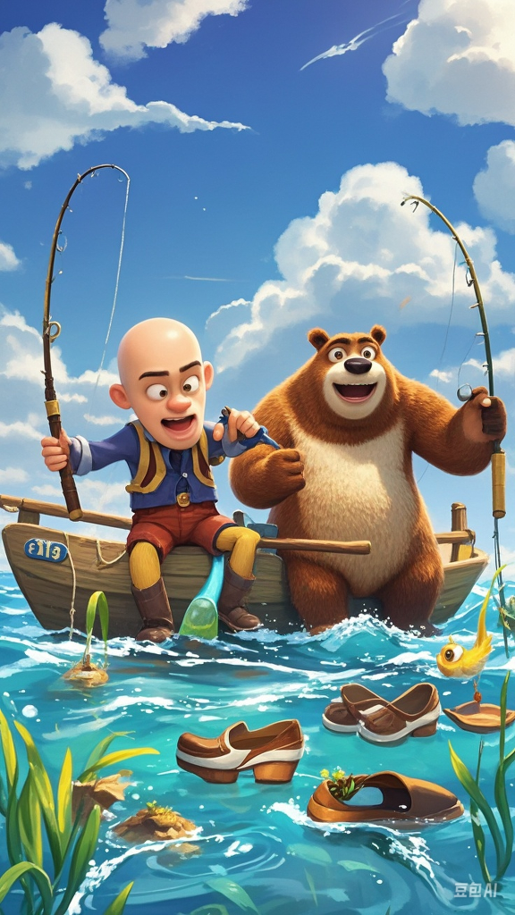 光头强和熊大熊二一起坐船去海上钓鱼
