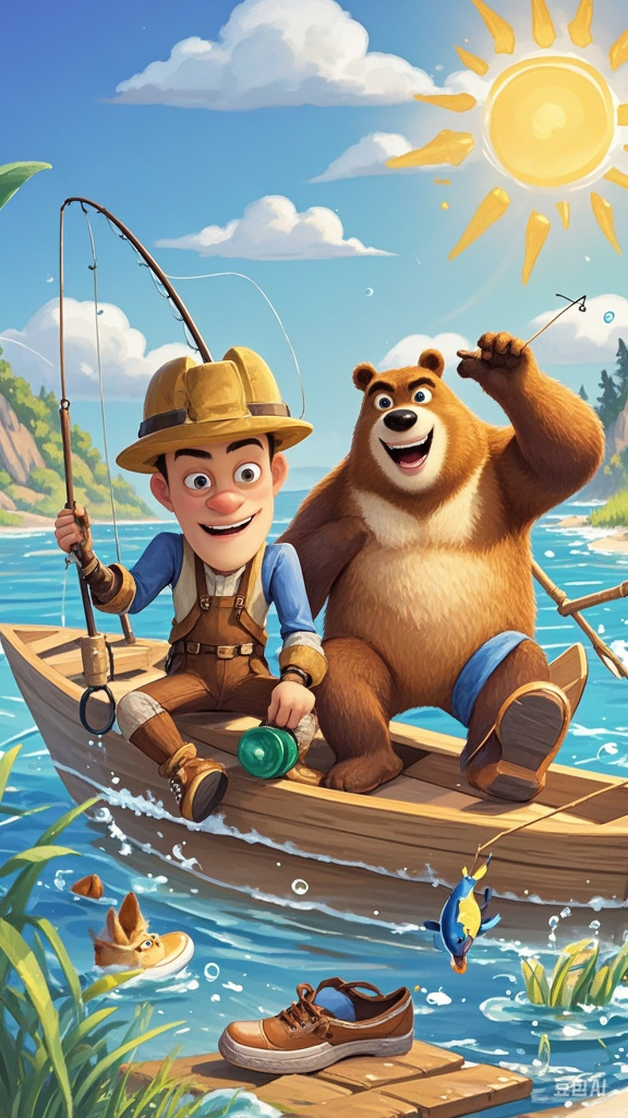 光头强和熊大熊二一起坐船去海上钓鱼