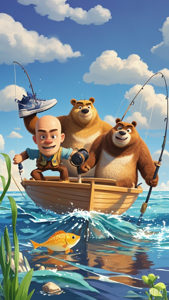 光头强和熊大熊二一起坐船去海上钓鱼