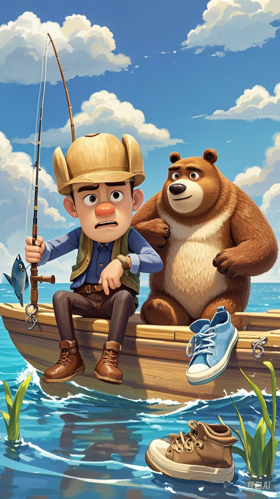 光头强和熊大熊二一起坐船去海上钓鱼