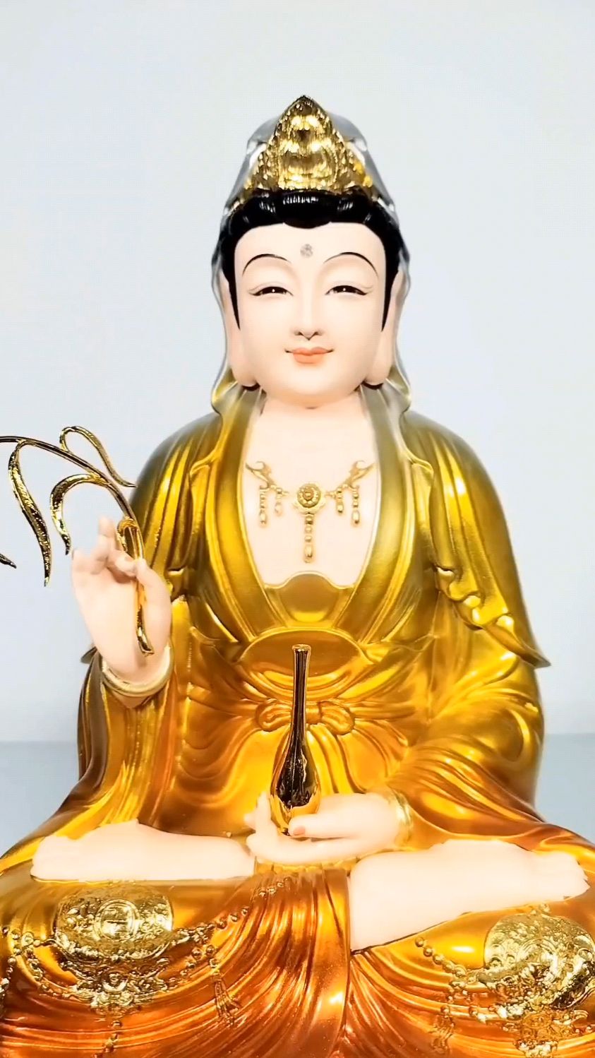 铜彩观音菩萨像体家用坐莲观世音佛像佛堂摆件娑婆三圣