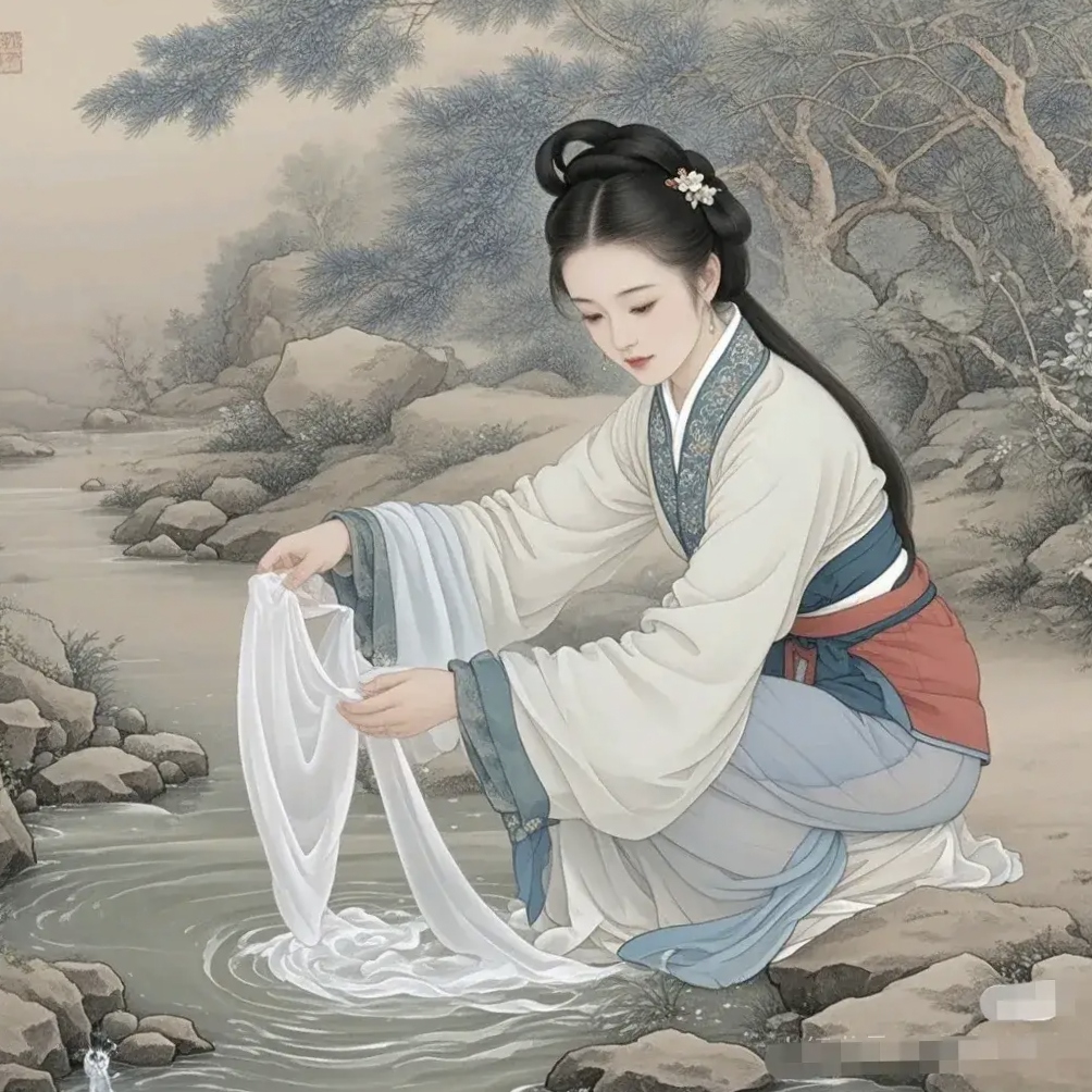 西施浣纱图真美, 服装行云如流水, 国风古韵看优雅, 妙笔生花流线体