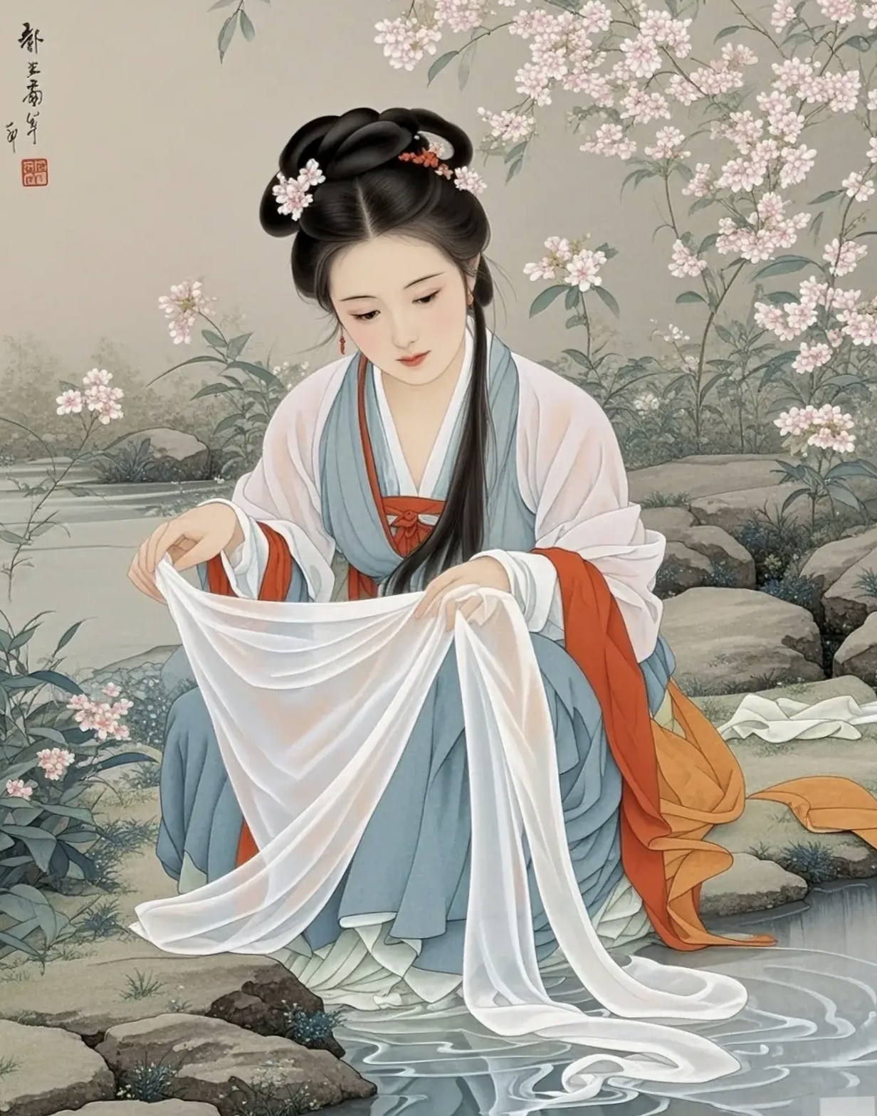 西施浣纱图真美, 服装行云如流水, 国风古韵看优雅, 妙笔生花流线体