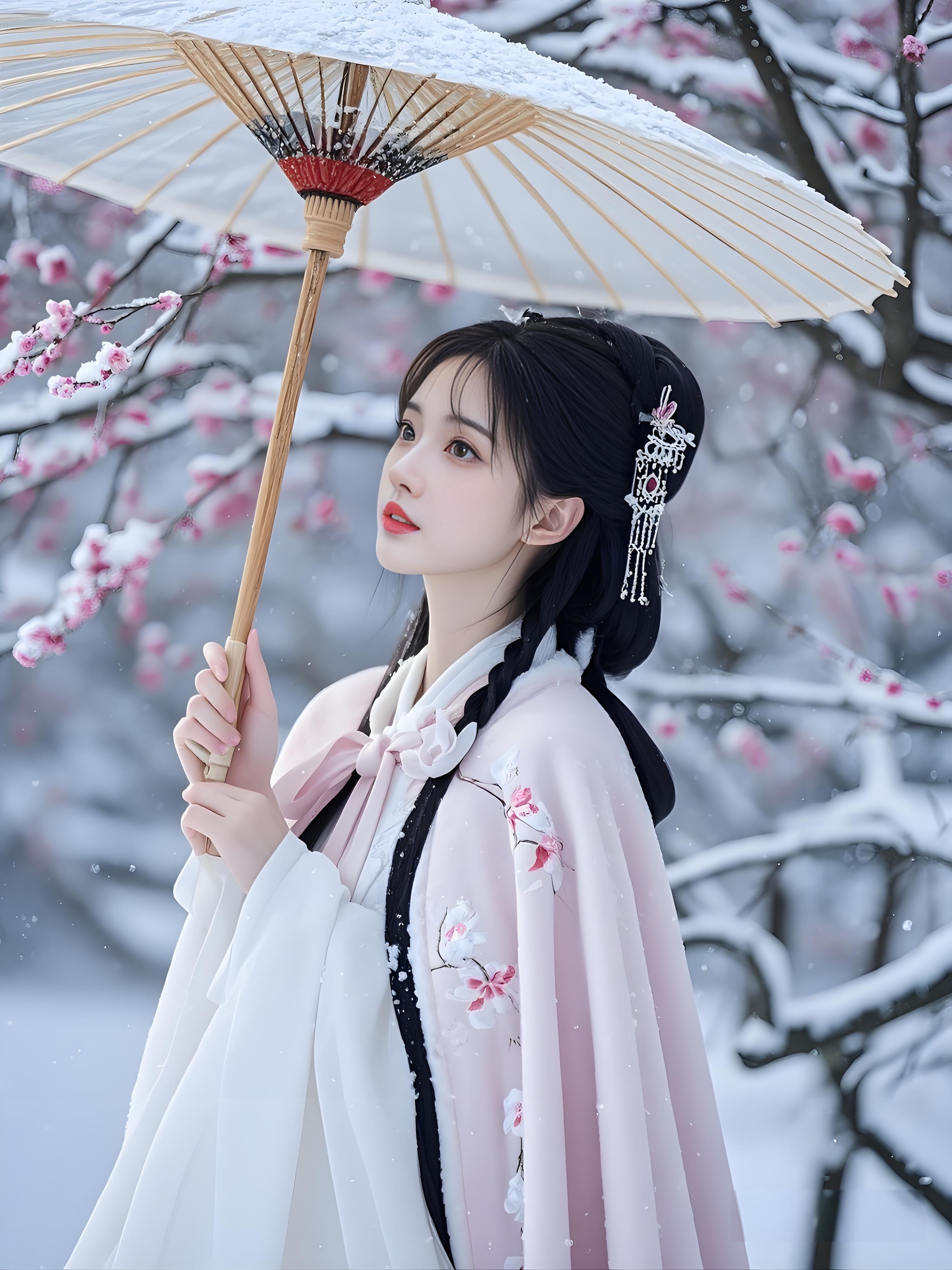 古风|她身着粉色锦缎古装,手持油纸伞,雪中绽放的梅花