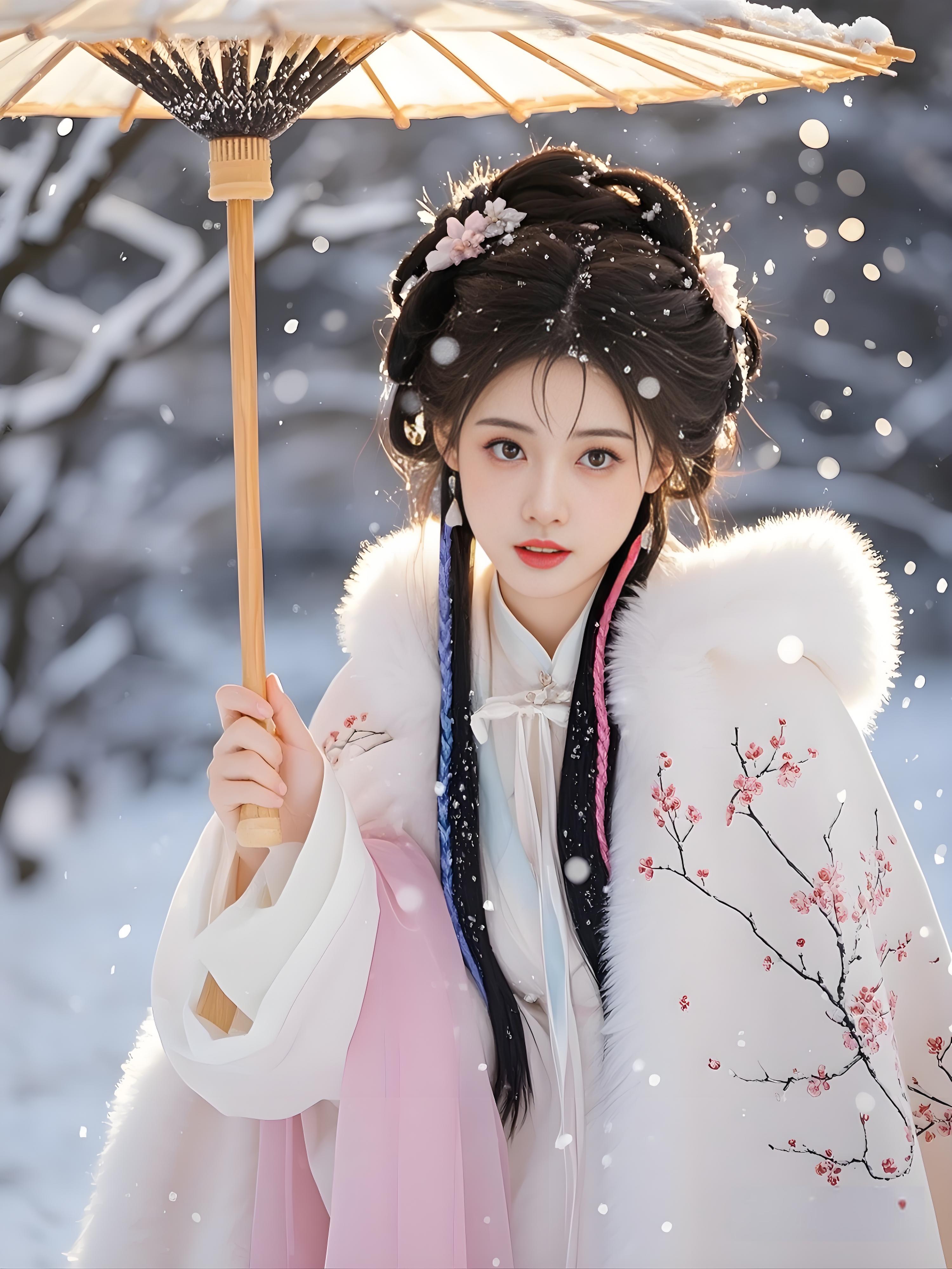 古风|她身着粉色锦缎古装,手持油纸伞,雪中绽放的梅花