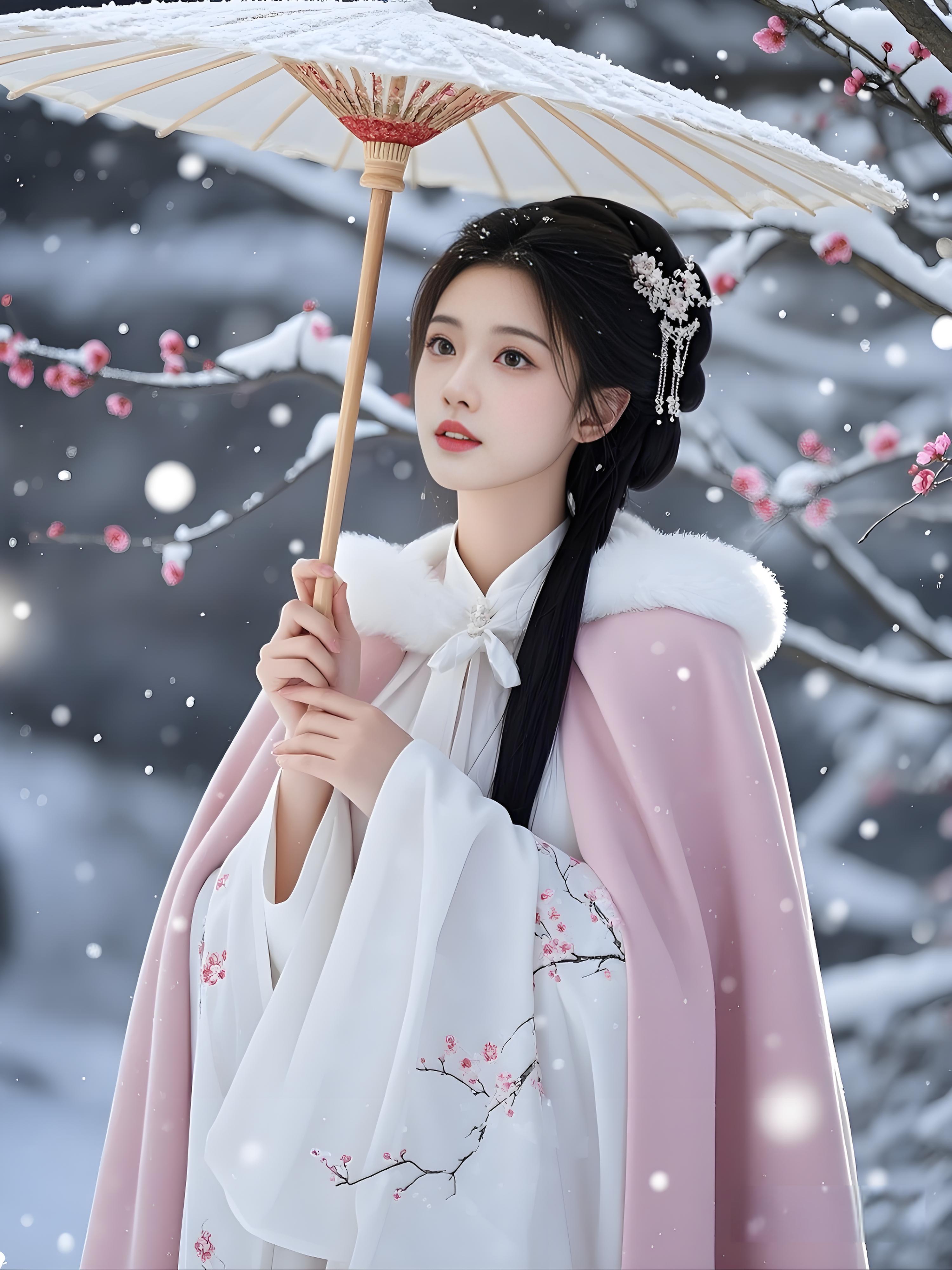 古风|她身着粉色锦缎古装,手持油纸伞,雪中绽放的梅花