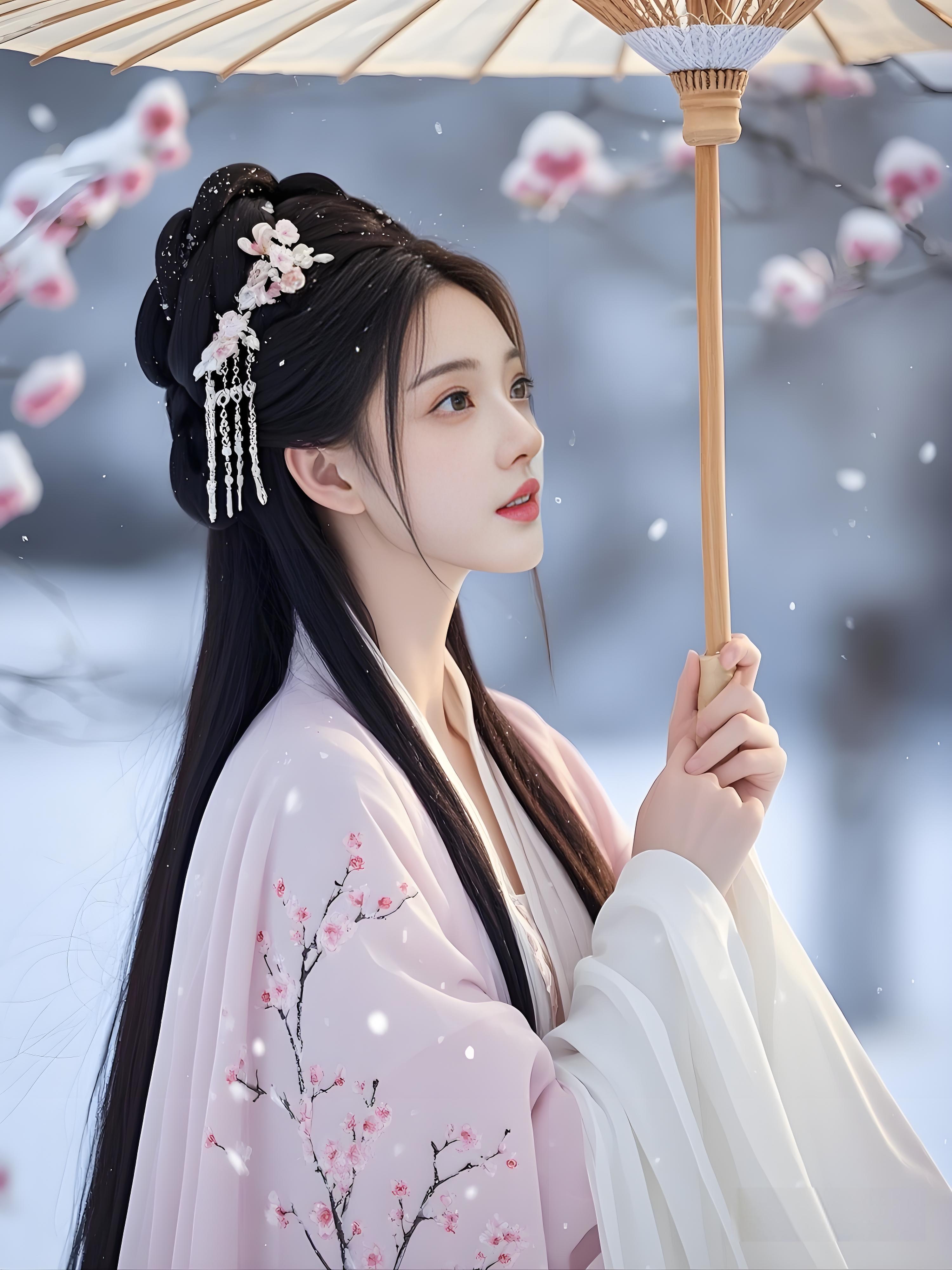 古风|她身着粉色锦缎古装,手持油纸伞,雪中绽放的梅花