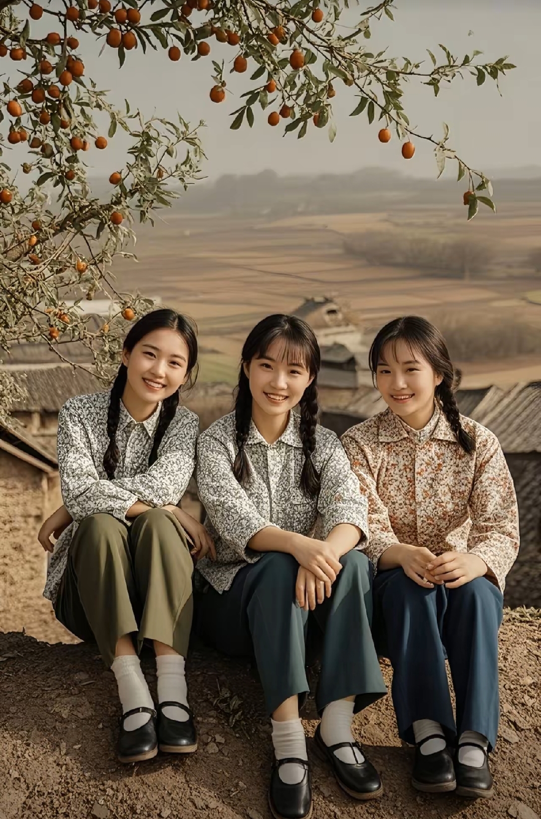 大家看这个是70年代漂亮的美女们,大枣树下聚会的倩影存,乡下妹子笑容